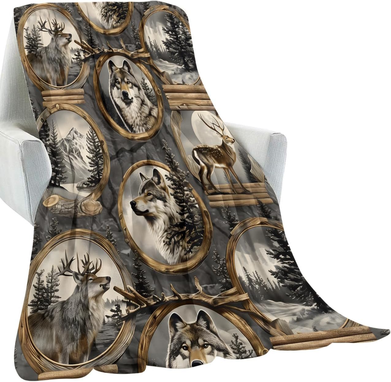 Rustic Wildlife Blanket Gifts for Kids Women Adult Girls,Wolf and Deer Throw Blankets,Soft Comfy Lightweight for Home Couch Bed Sofa Modern Decor,Mountain and Forest Scenes 50x60in