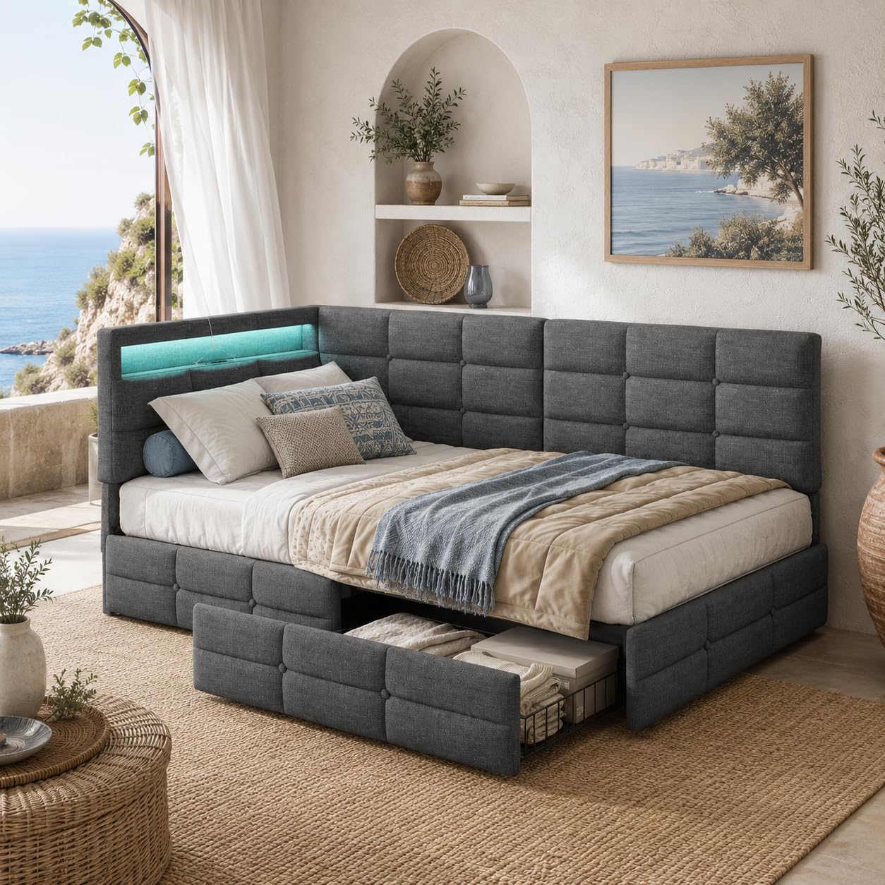 DULRLLY sofa do spania 90 x 200 cm z półką do przechowywania, tapicerowana sofa z oświetleniem LED i portami USB, nowoczesne łóżko piętrowe dla 1 osoby, wielofunkcyjne łóżko 90x200 z stelażem, pościel