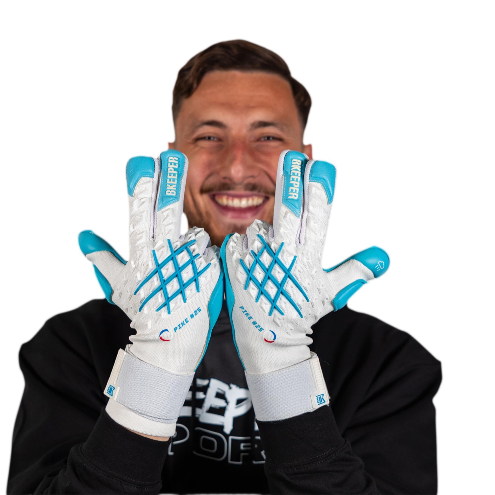 Gants de Gardien Pike #25 Aqua, Blanc et Bleu, Coupe Négative, Mousse Contact