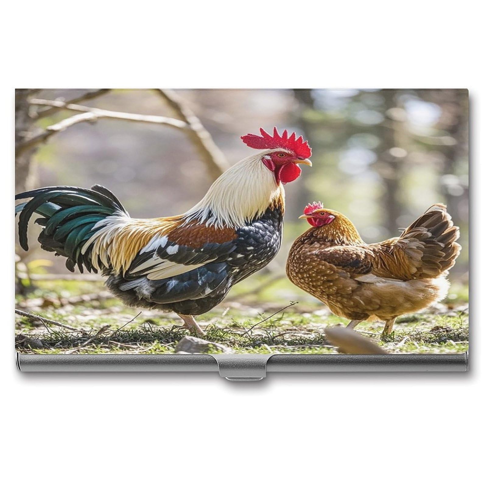 FekiLoot Rooster And Hen Business Card Holder for Men Women Metal Slim Organizer Business Card Carrier Wallet Name Cards Holder Retro Slim Pocket Purse Small Portable Card Case