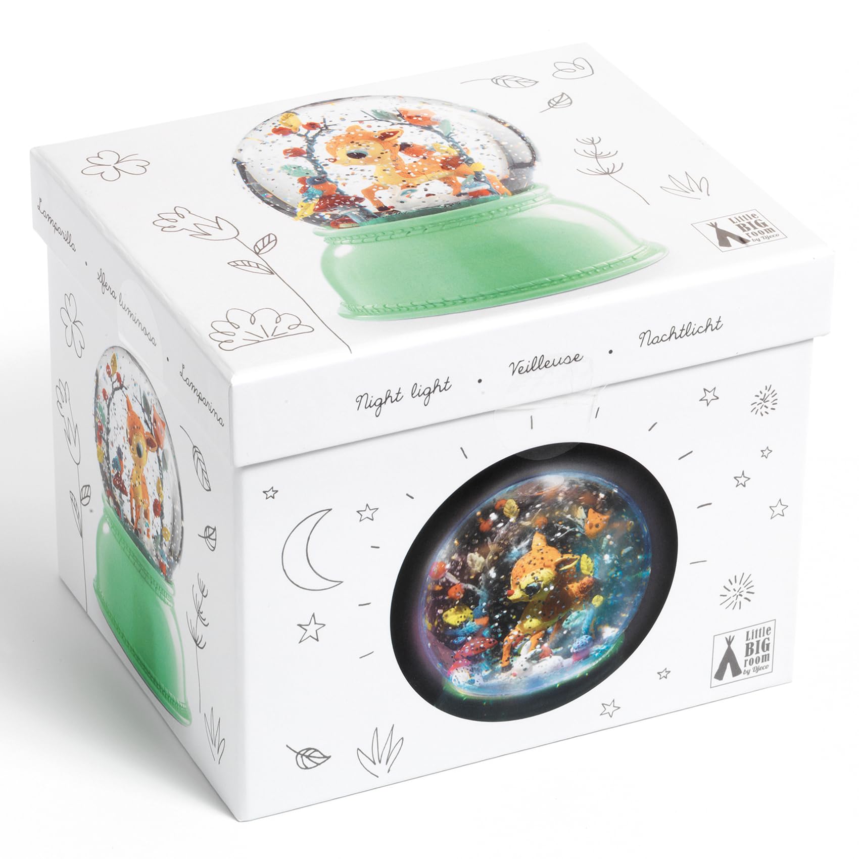 DJECO, Veilleuse Enfant Boule à Neige, Faon, Vert | Confort Apaisant pour Sommeil, Minuterie 45 Min, Moteur Silencieux, Lumière Changeante, Idéal Cadeau Naissance