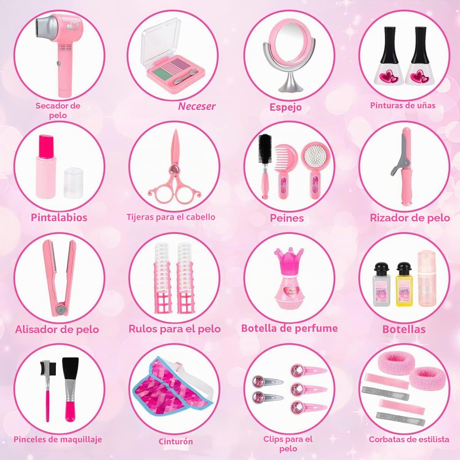 deAO Set De Juegos De 35 Piezas De Salón De Belleza para Niñas, Juego De Simulación De Peluquería con Secador De Pelo, Espejo, Rizador y Otros Accesorios, Kit De Maquillaje Simulado para Niños