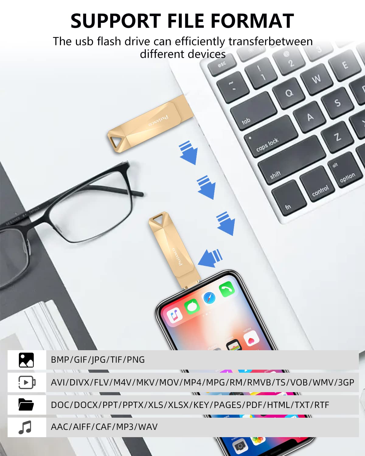Patianco Chiavetta USB per iPhone 256GB [MFi Certified] USB 3.0 Pendrive per Lightning Chiave USB C Memoria Stick 3 in 1 Backup Rapido con un Clic per OTG Android/Mac/PC/Type C-iPhone/iPad(256GB,Oro)