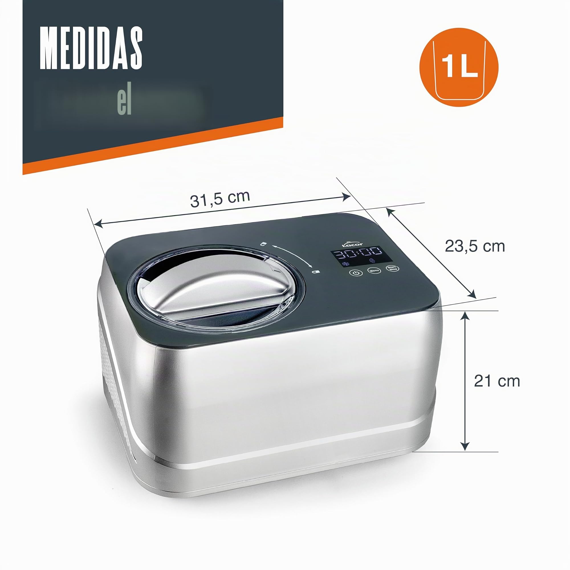 Lacor 69416 - Máquina de Helado, 1 L, 100 W, con Compresor - Cocina