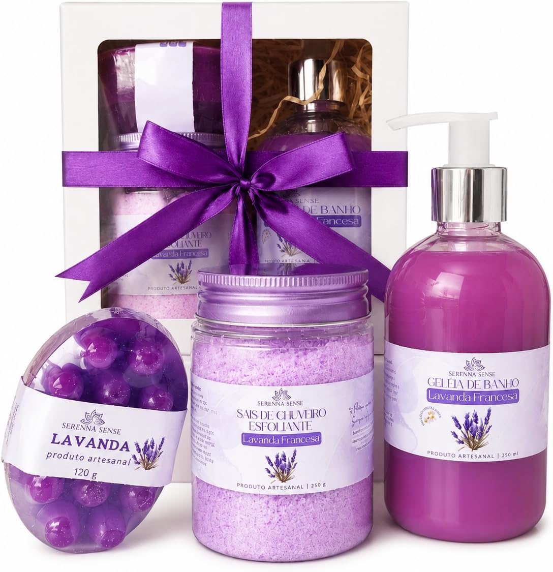 Kit Spa Banho Premium Floral 3 peças Geleia de Banho, Sabonete Massageador e Sais Esfoliantes