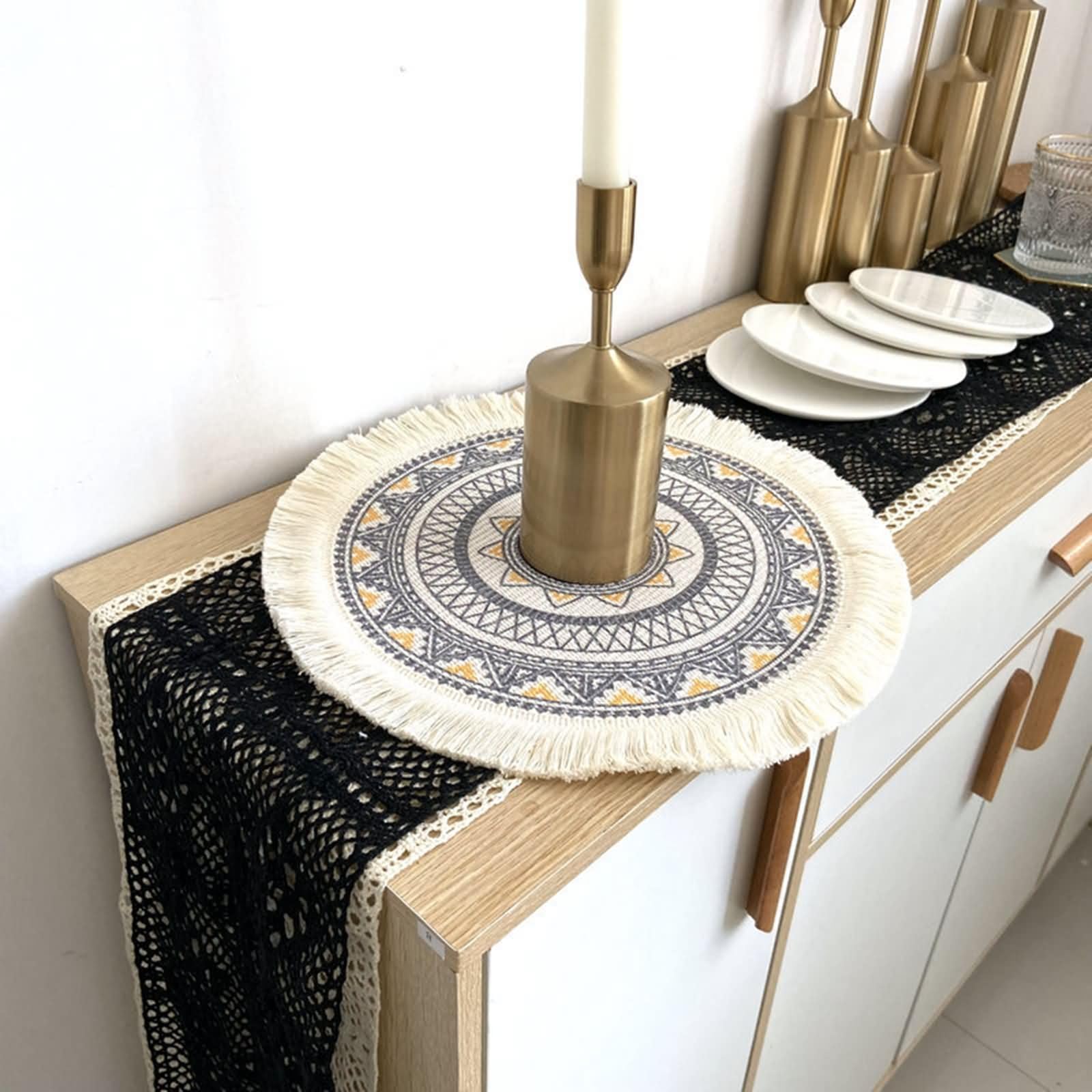 Tovagliette Americane Set di 8,33 CM,Tovagliette Americana Poliestere Cotone Rotondo con Fiore Vintage e Nappe Set Tovagliette Giallo Grigio
