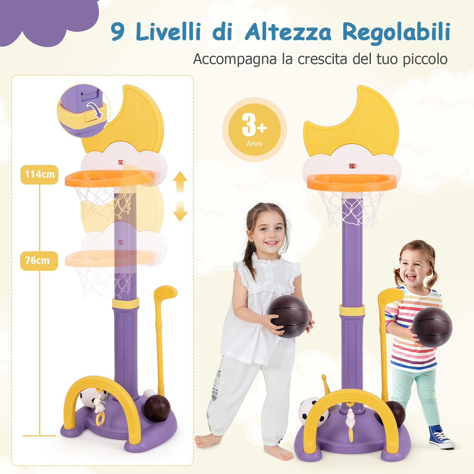 COSTWAY 4 in 1 Canestro da Basket per Bambini, Centro di Attività Sportiva Regolabile con Basket Calcio Golf e Gioco del Lancio dell'Anello, per Interno ed Esterno, 3 Anni+ (Giallo)