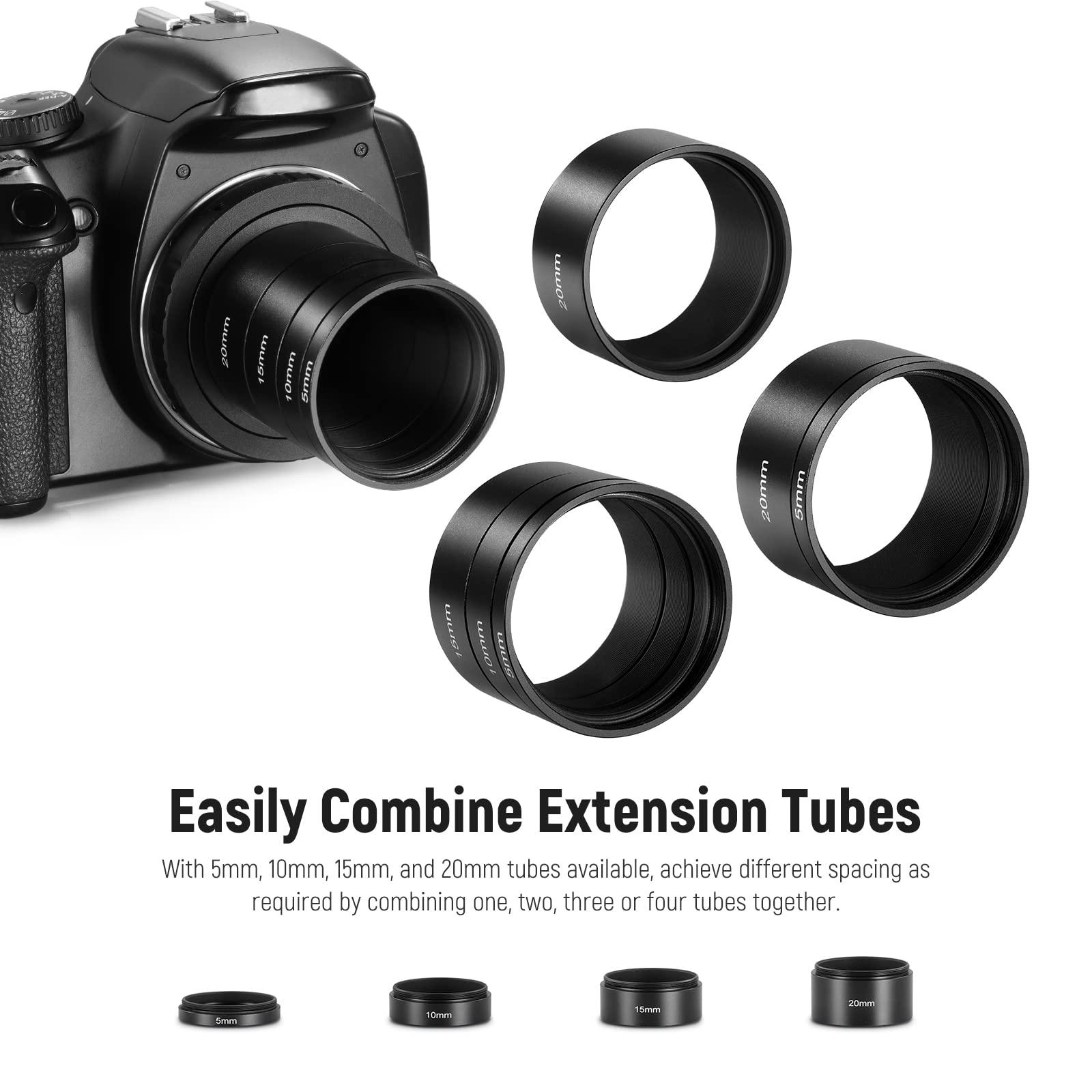 NEEWER Kit de 4 Tubes d'extension T2, Tube d'extension 5mm 10mm 15mm 20mm avec Filetage Double Face M42 x 0,75 mm, Accessoire de télescope pour astrophotographie