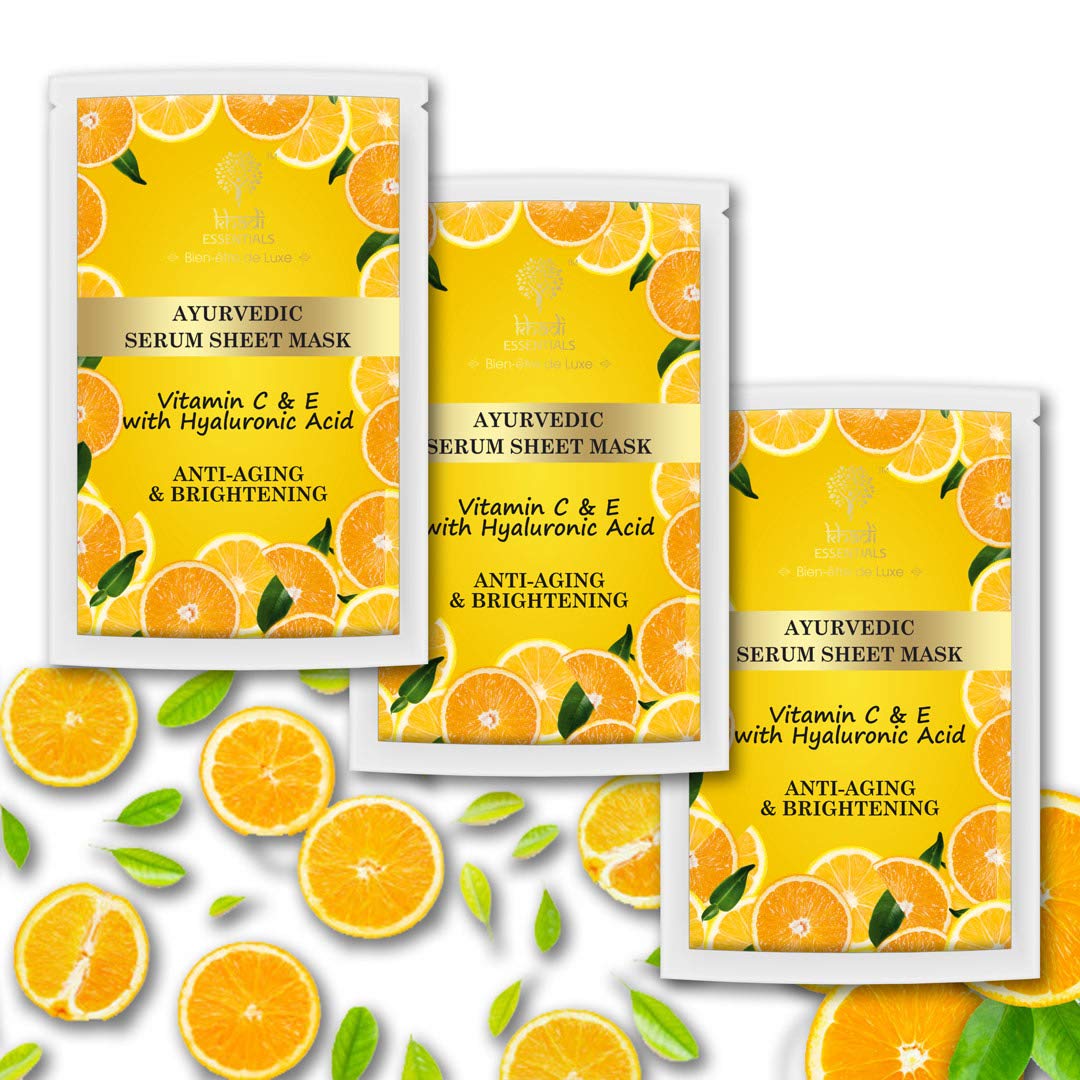 Khadi Essentials Vitamin C Sheet Mask with Hyaluronic Acid & Vitamin E – Ayurvedic Glow & Hydration Boost, Reduces Pigmentation & Dark Spots, For All Skin Types(Pack of 3)