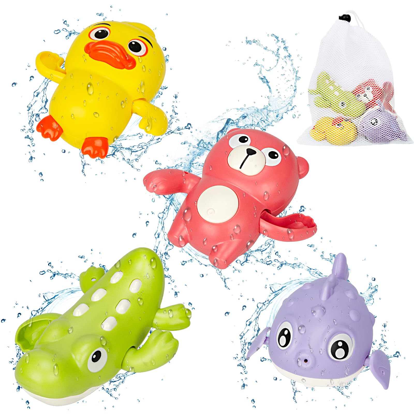 GEEKEO Juguetes Baño Bebe, Juguetes Bañera para Bebe Niños 1 2 3 Años, 4 Piezas Juguetes de Baño Natación del Flotante Animales de Juguete Agua, Juguetes de Regalos Bañera Piscina para Bebé