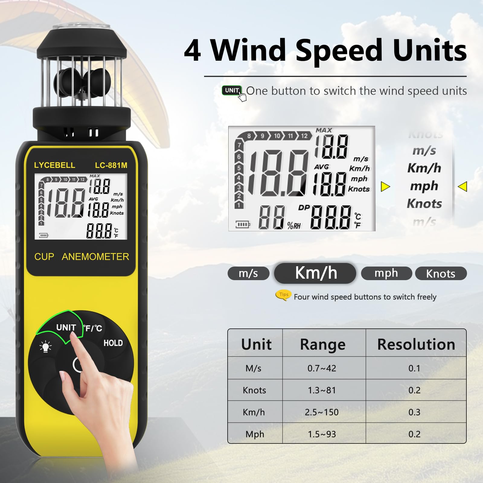 Anemometro portatile 881M, misuratore del vento digitale 0,7-42 m/s, misurazione della velocità del vento e della temperatura a 360°, con bussola, per HVAC, surf, vela, drone