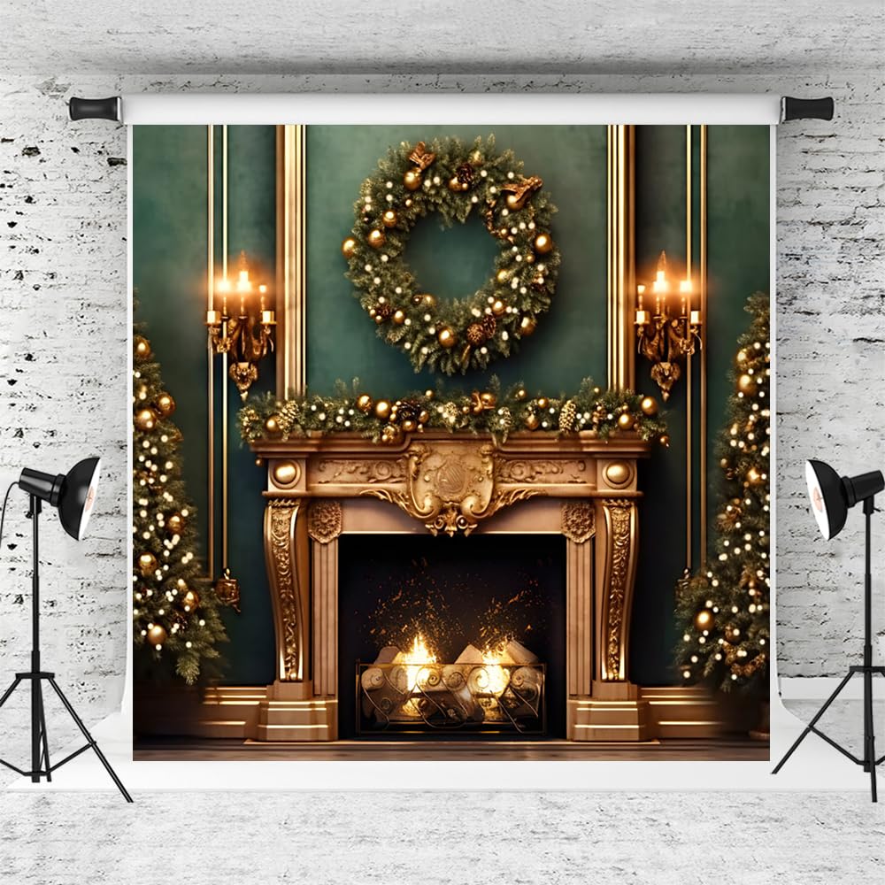 Kate 10x10ft Christmas Fireplace Photography Backdrop Green Wall Christmas Home Party Decoration Background Photo Studio Props