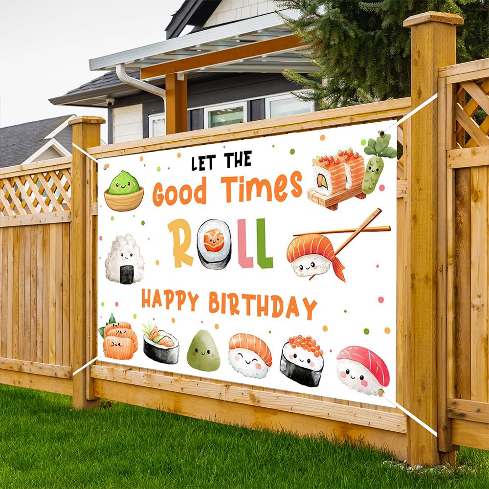 Cartel de feliz cumpleaños de sushi para niños – 70.8 x 43.3 pulgadas, suministros de fiesta de sushi kawaii, decoraciones temáticas japonesas para fiesta de cumpleaños de niños, rollo de 4