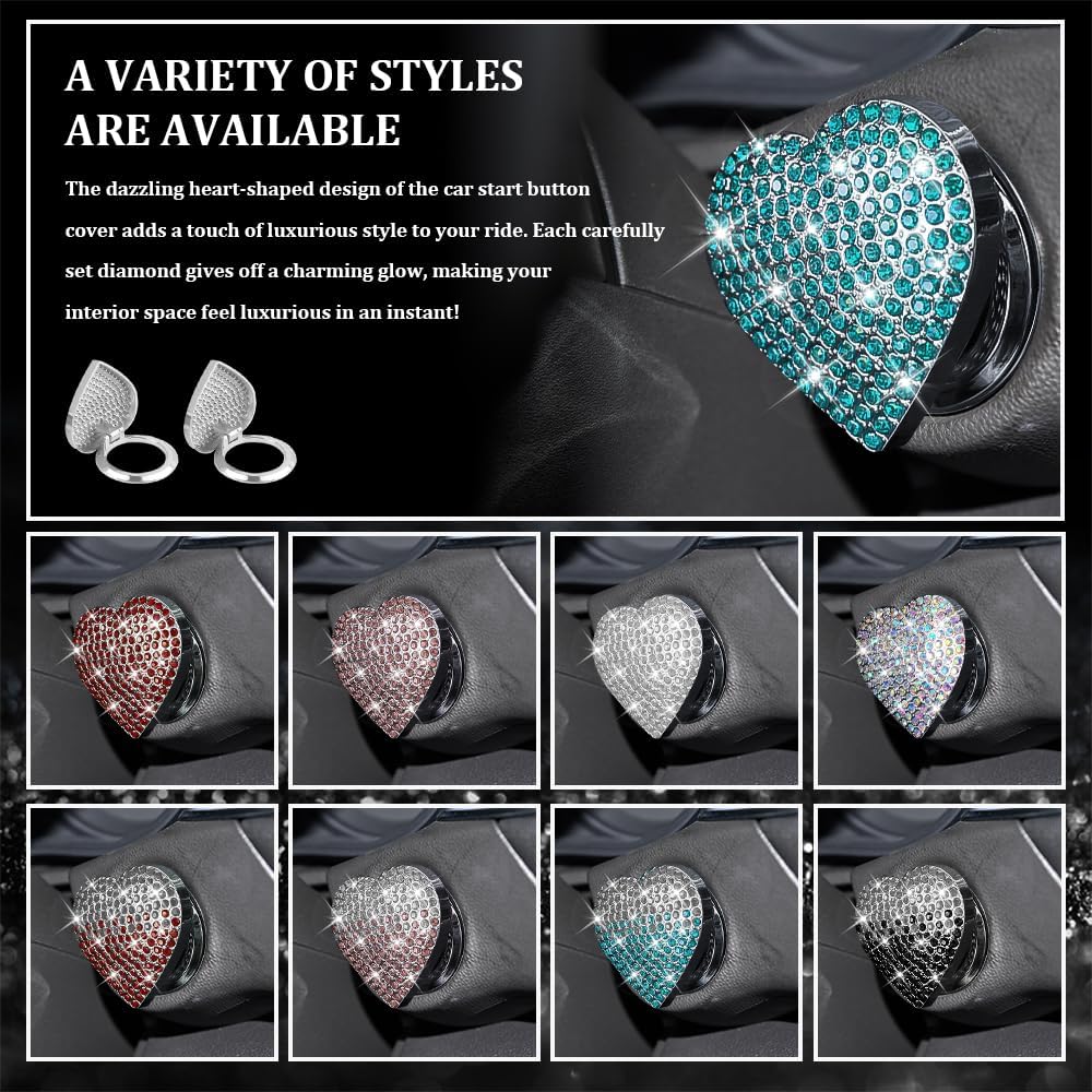 Bling Car Push Start Button Cover, Heart Shape Rhinestone Switch Knob Cover, Sparkling Crystal Key Ignition Knob Ring Protection Cover, Bling Diamond Car Accessories for Women (White)