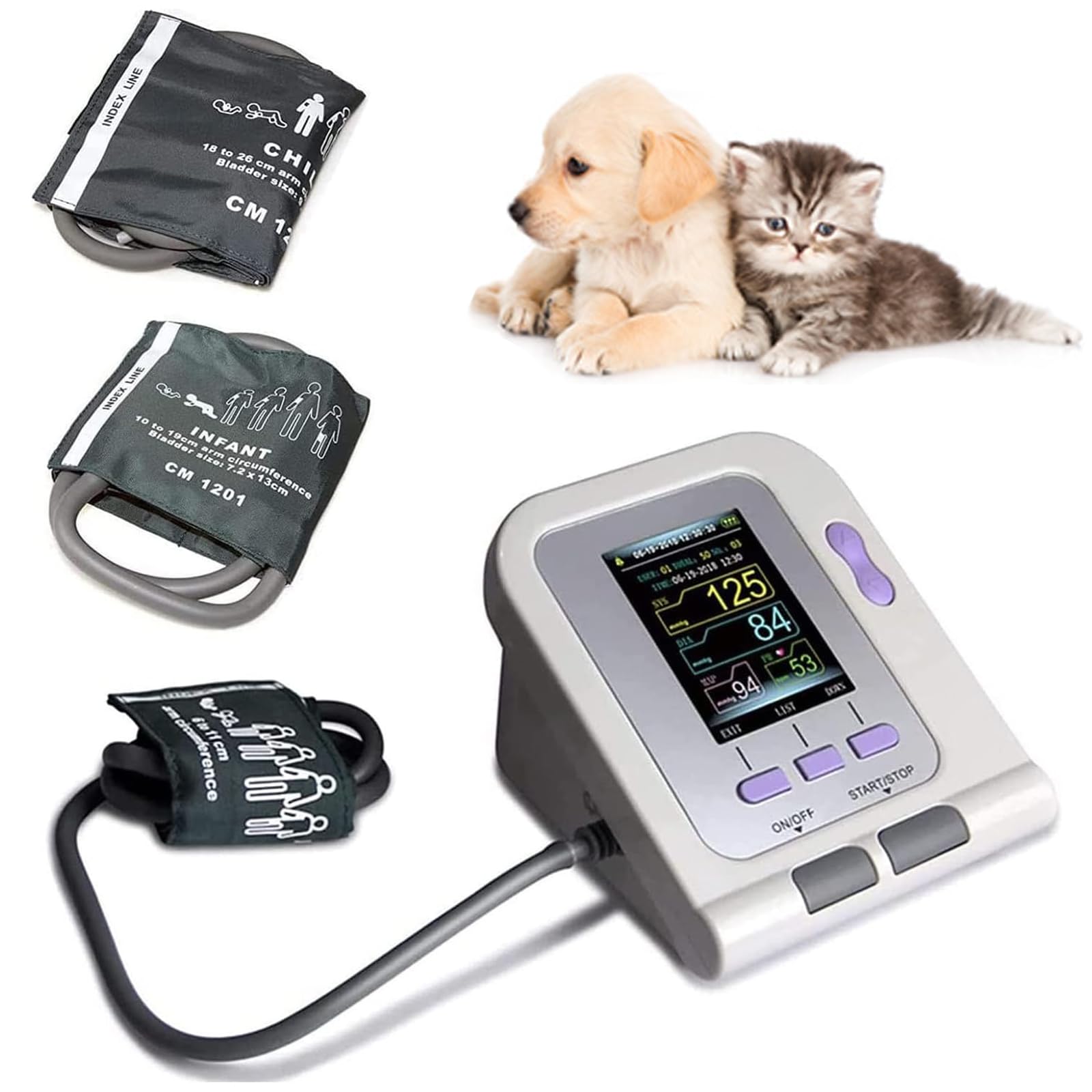 Monitor digital presión arterial veterinario con brazalete, medición automática la presión arterial, equipo veterinario, esfigmomanómetro electrónico 3 modos y 3 brazaletes, para el cuidado perros