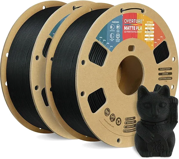 OVERTURE PLA Matte 3D Printer Filament 1.75mm, Matte PLA 2kg Cardboard Spool (4.4lbs), Dimensional Accuracy +/- 0.02 mm (Matte Black 2-Pack)