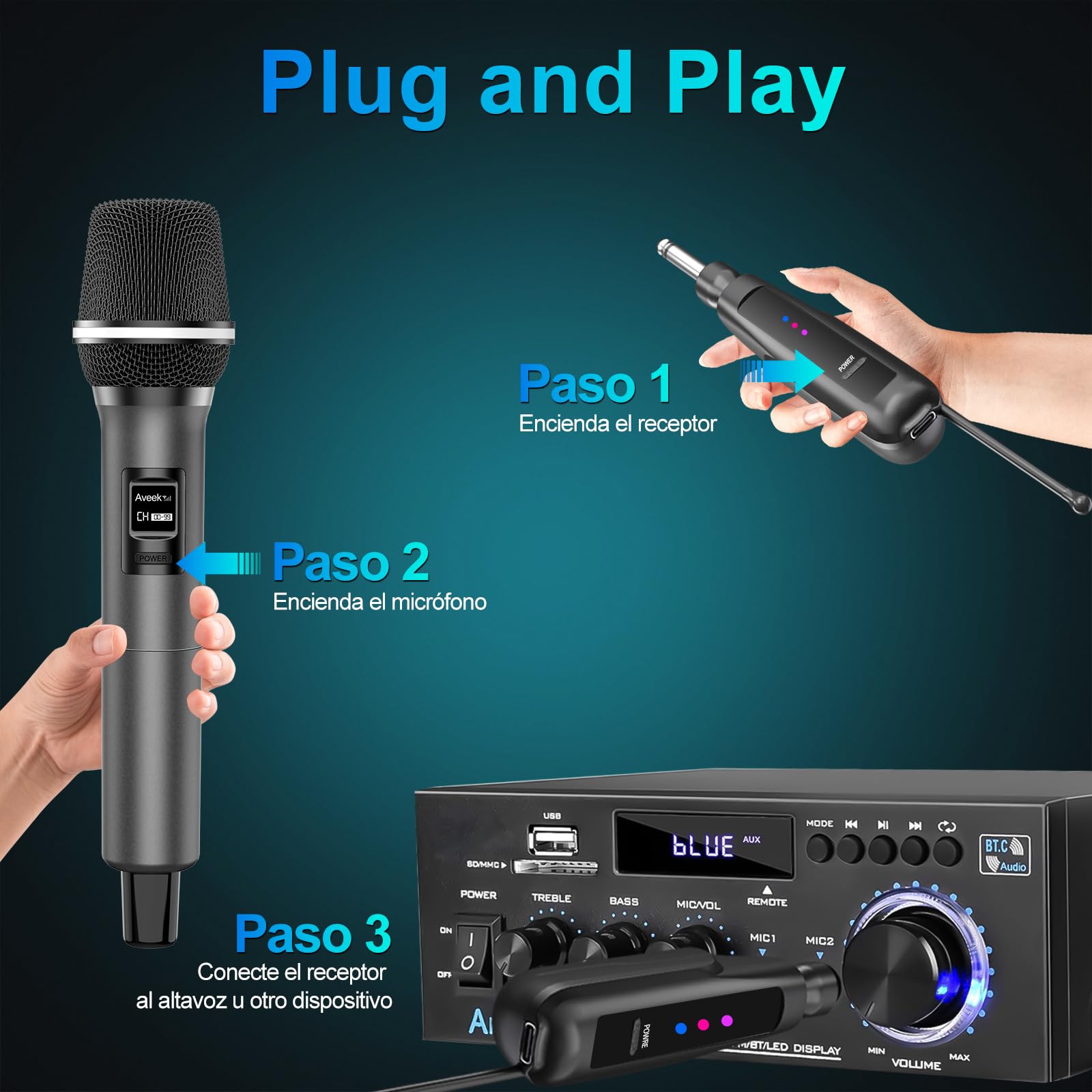 Aveek Micrófono Inalámbrico, Micrófono Inalámbrico para Karaoke, Micrófono Inalámbrico Recargable, Interfaz de 6,35mm/3,5mm, Adecuado para Altavoces, Canto, Bodas, DJ, Fiestas