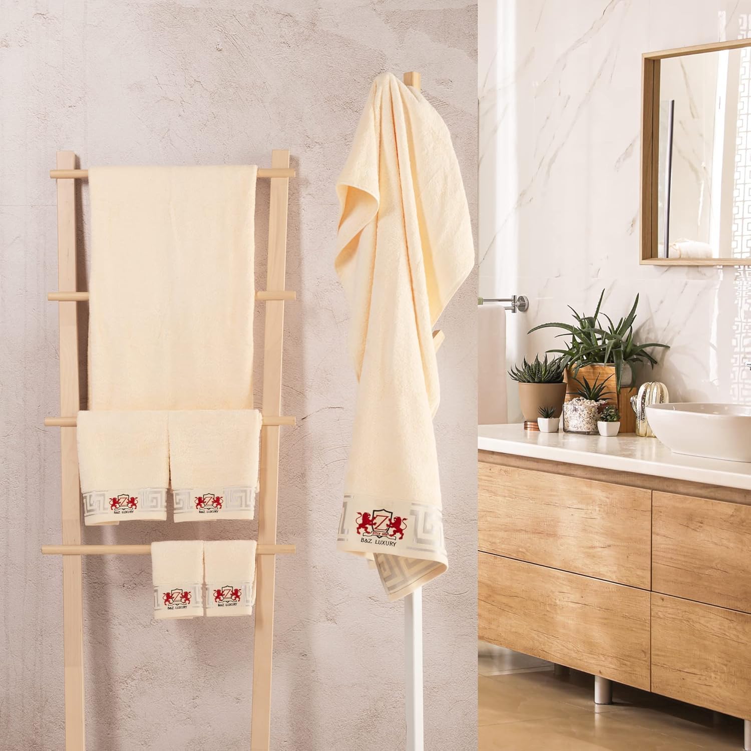 B&Z Luxury Set Asciugamani da bagno Panna 500gr pregiato BAMBOO e Cotone, 2 teli doccia 4 asciugamani viso 2 panni bidet, SUPER assorbenti SOFFICI - telo mani ospiti palestra certificati oekotex