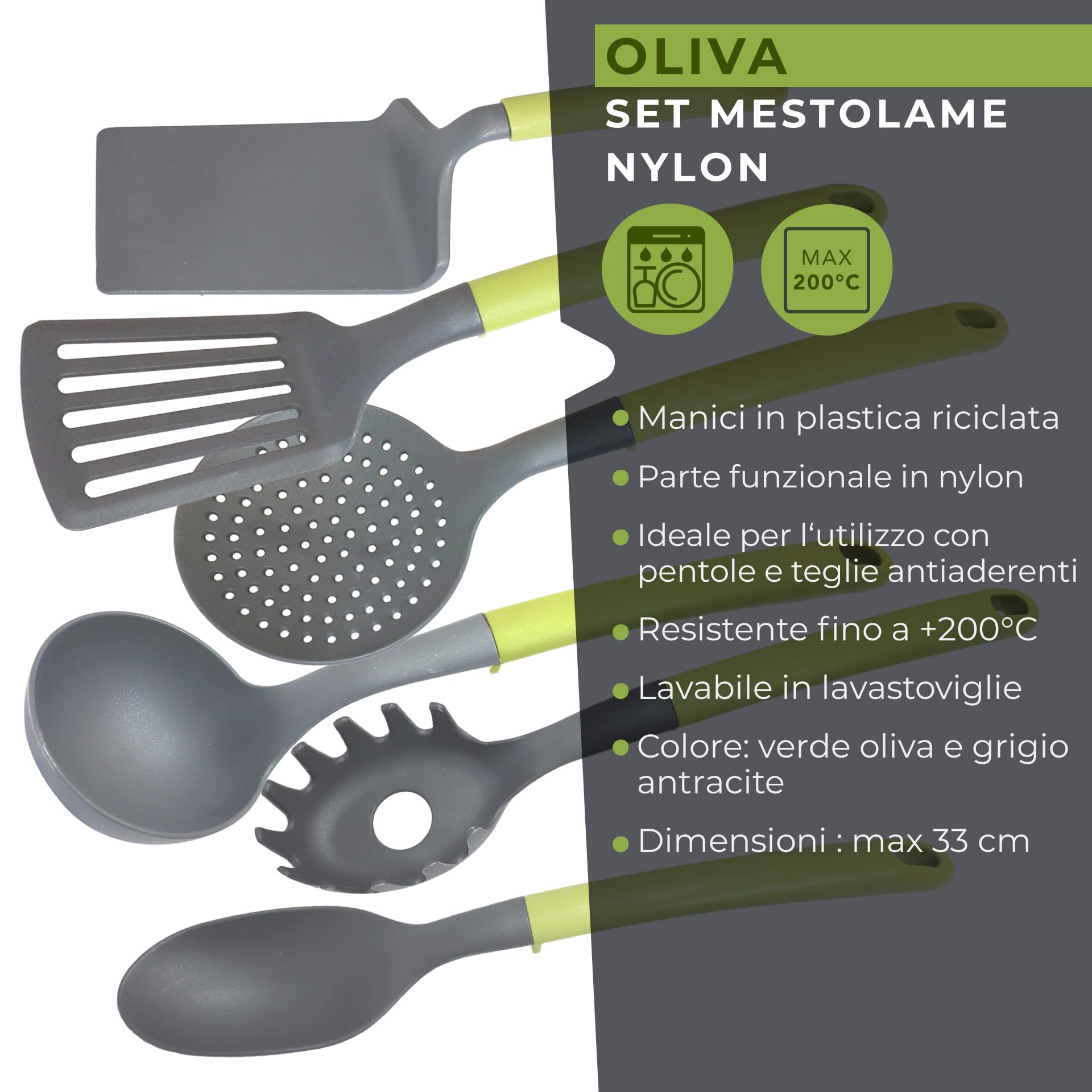 Fackelmann Set di utensili da cucina 6 pezzi, mestoli in nylon, utensili lavabili in lavastoviglie, mestoli da cucina resistenti al calore fino a 200 °C, Linea Oliva