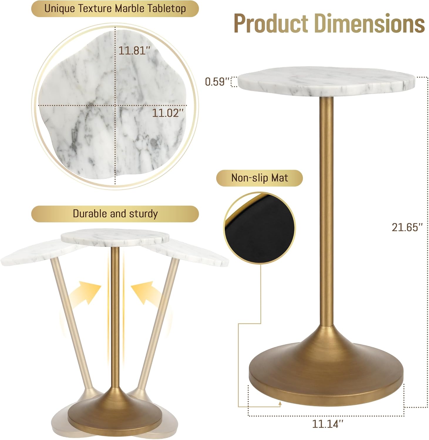 Aoligrace White Marble Drink Table,Small End Table with Metal Pedestal Stand,Antique Gold Cocktail Martini Tables for Small Spaces,Modern Side Tables for Living Room,Patio,Bedroom