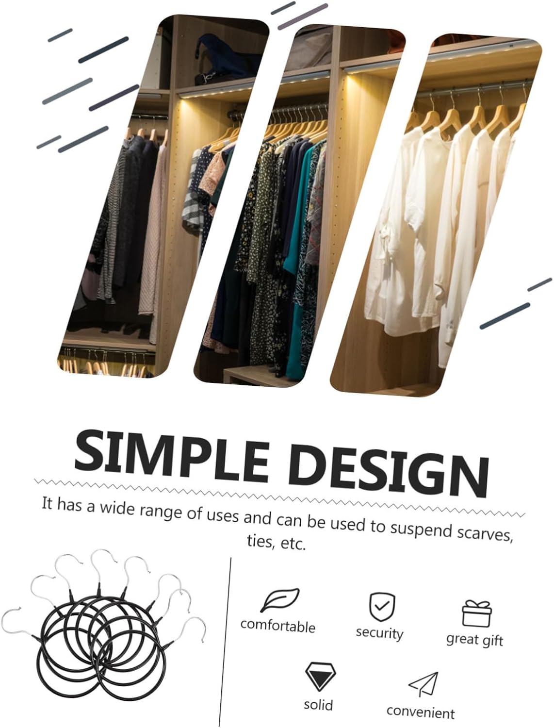 SEWACC 8pcs Black Plastic-Coated Iron Scarf Holder Round Tie Hangers Neckties Organizer for Closet Storage and Home Use