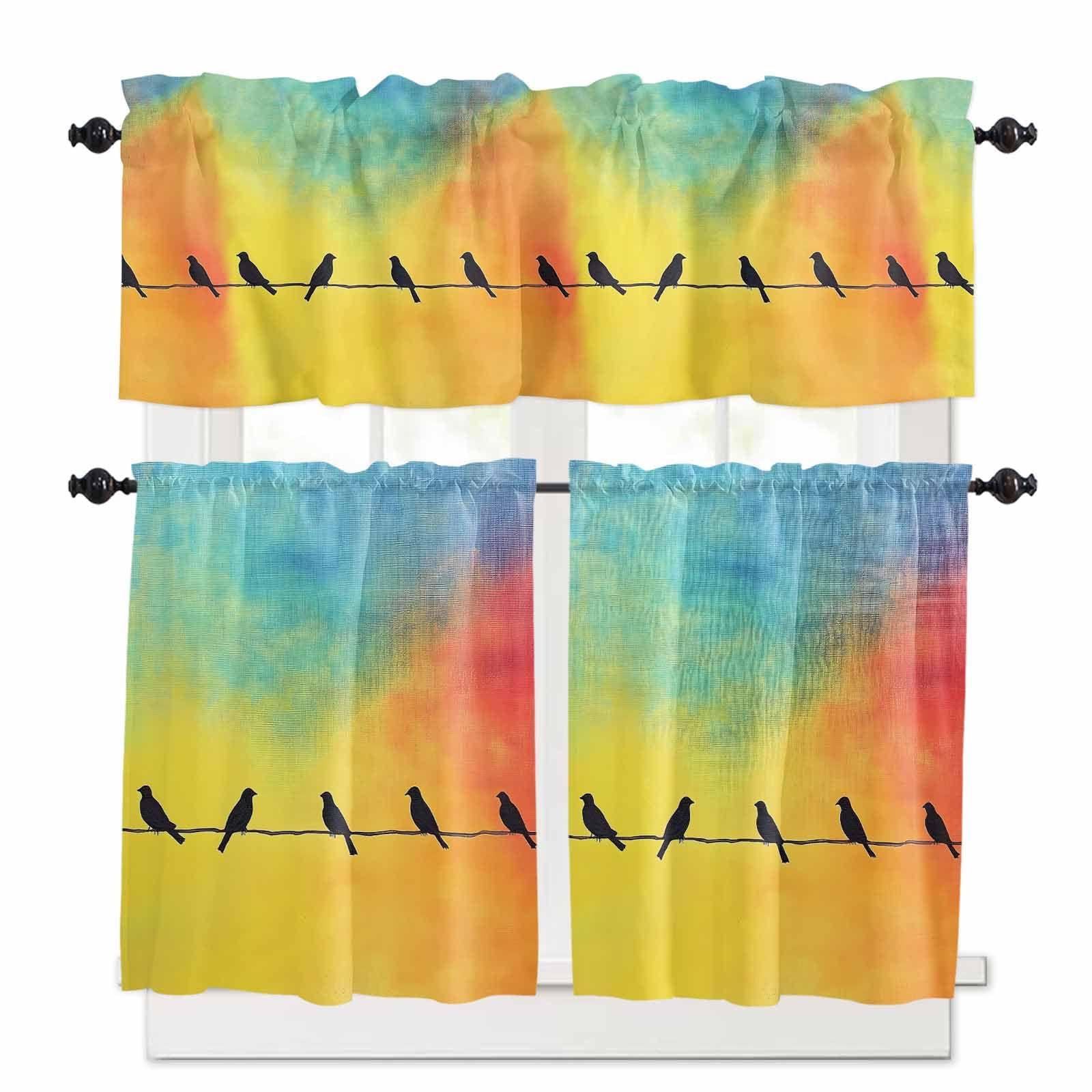 Bird Line Abstract Kitchen Curtains 36 Inch Length, 3 Piece Rod Pocket Small Half Tiers and Valance Set, Orange Blue Ombre Silhouette Small Large Window Treatment Decor for Bedroom/Bathroom Sink