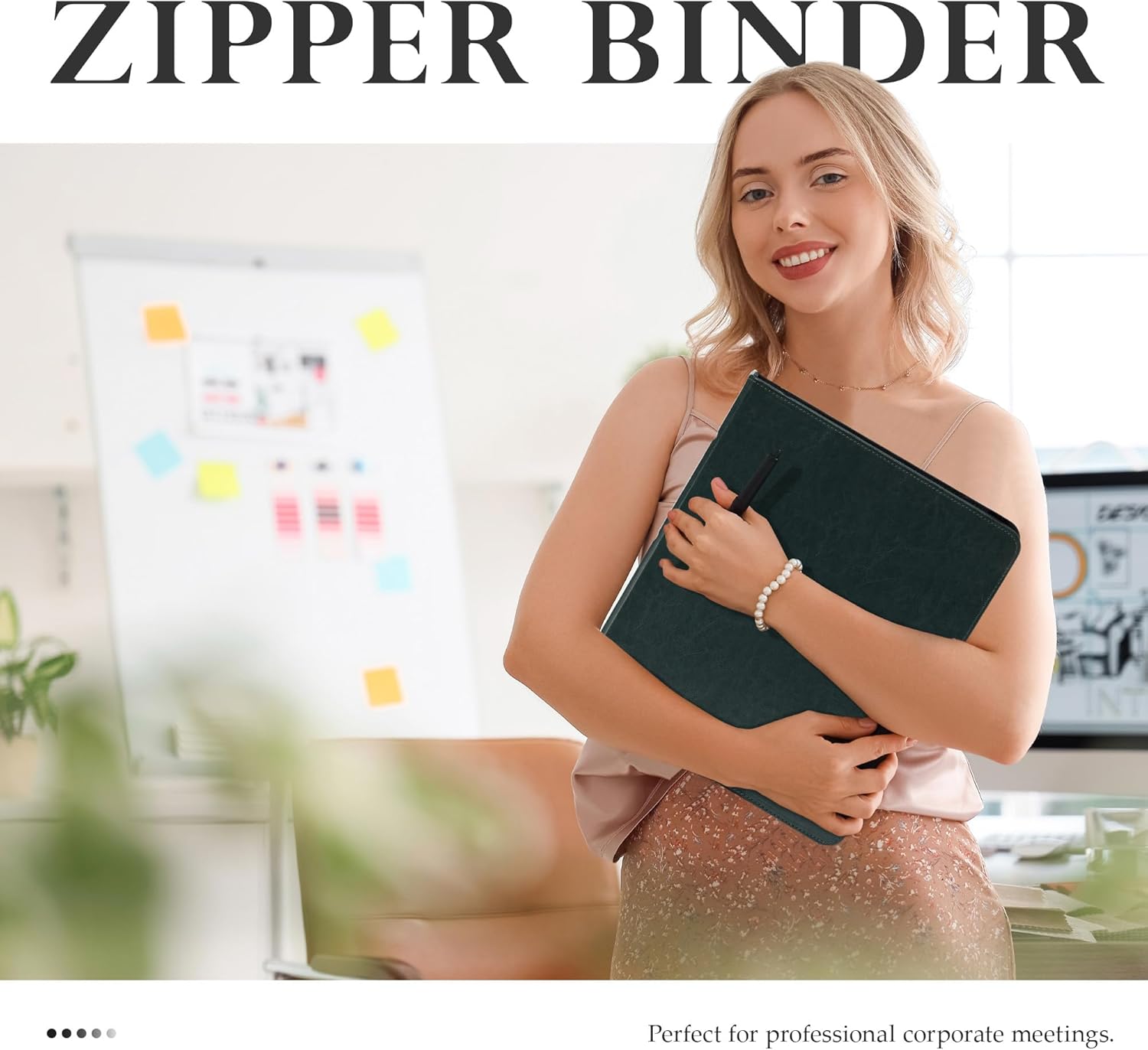 EYROZILL Zippered Leather 3 Ring Binder Organizer with Pockets – Business Portfolio Folder with Card Slots, Phone Holder, Pen Loop (Dark Green)