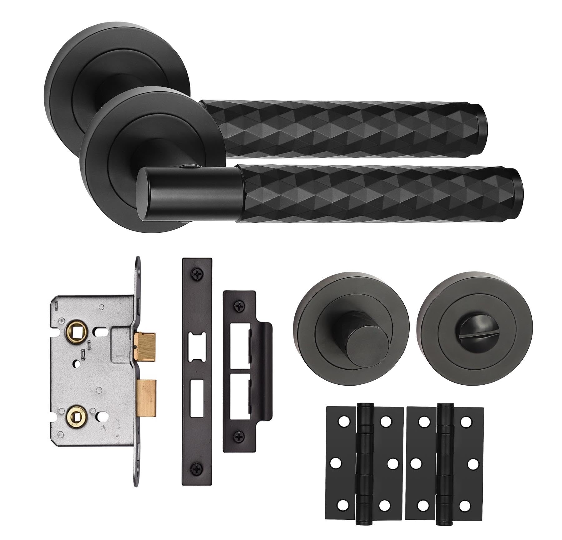 Golden Grace Matt Black Knurled Diamond Cut T-Bar Bathroom Door Handle Set Thumbturn And Mortise Lock Bb Hinges