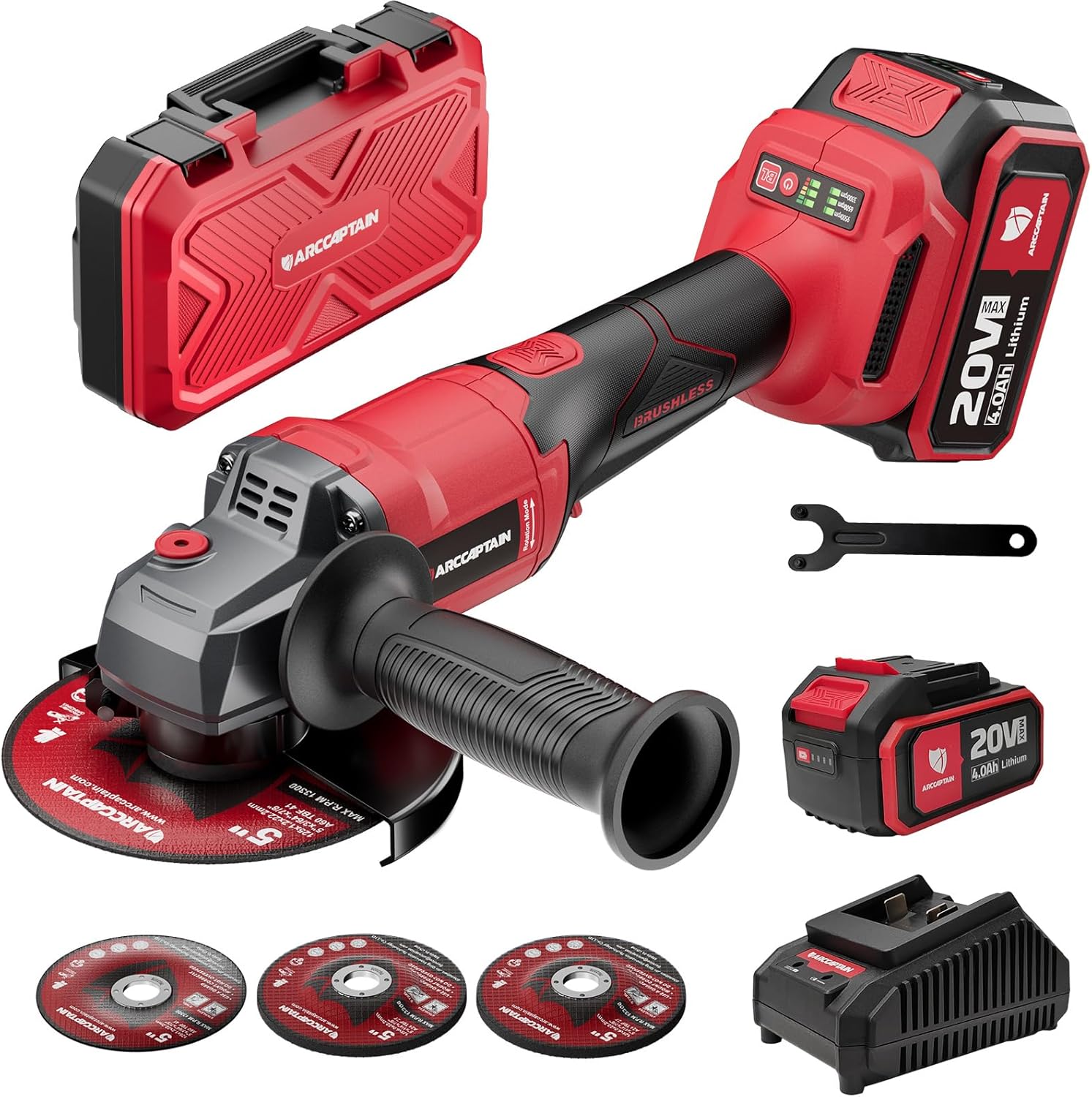 ARCCAPTAIN Angle Grinder Kit, 4-1/2 to 5",【Paddle Switch】9500RPM 1200W Brushless Power Motor Cordless Angle Grinder with 2PCS 4.0AH Batteries, 180°Rotatable Grinder Tool for Cutting/Grinding/Polishing