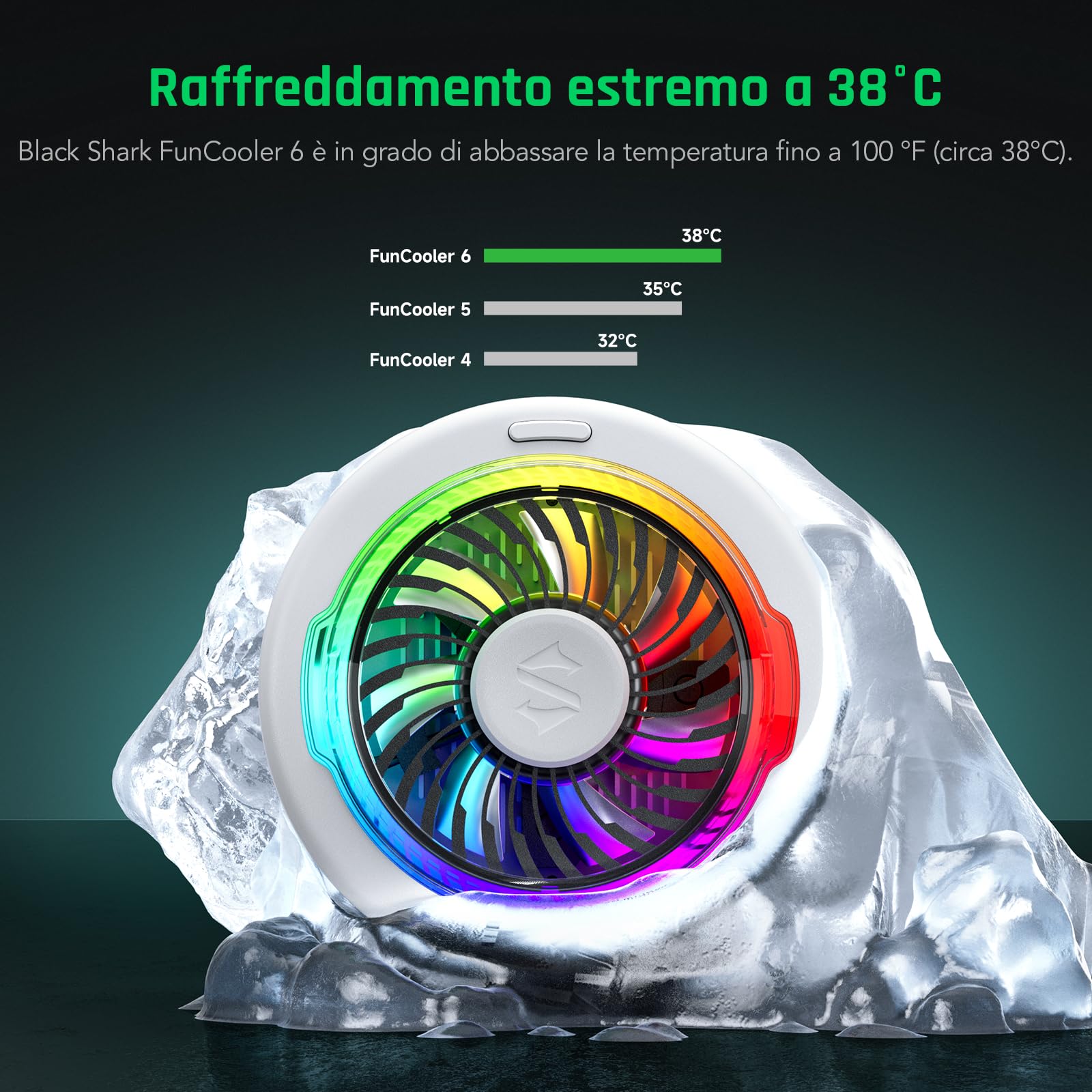 Black Shark FunCooler 6 Raffreddatore Magnetico per Telefono per Gaming, Ventola di Raffreddamento Portatile con Luce RGB, Radiante per Telefono Controllato da App per Serie Magnetica iPhone(Bianco)