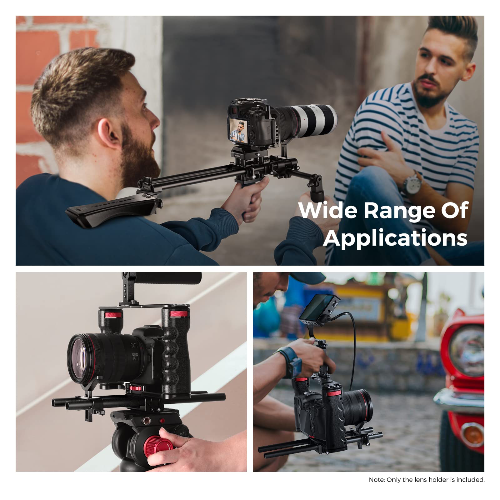 NEEWER Staffa di supporto per obiettivo lungo teleobiettivo, con altezza regolabile di 53 mm, compatibile con TILTA NICEYRIG DSLR Camera Shoulder Rig Follow Focus con aste da 15 mm - LSB53