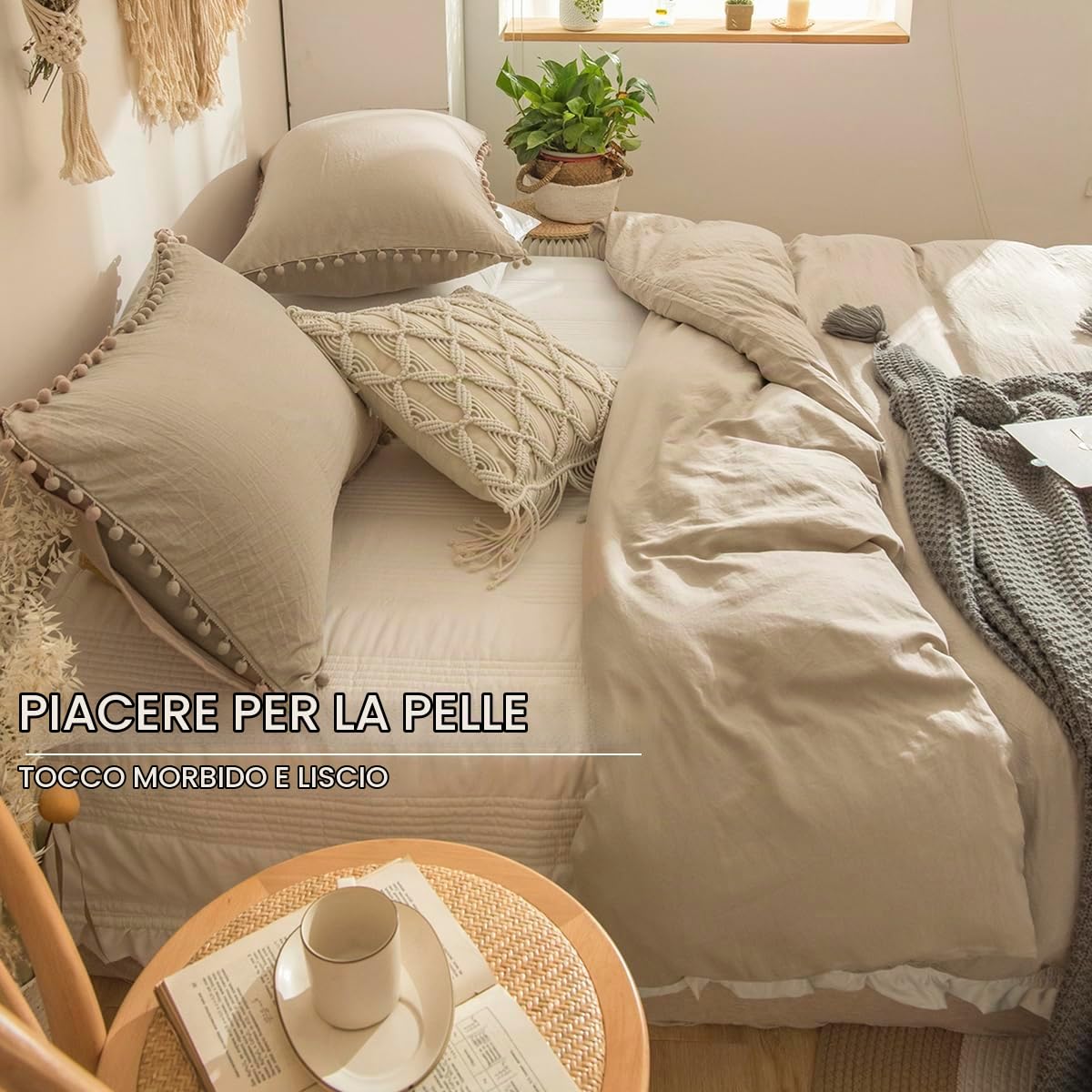 Set Copripiumino Matrimoniale Taupe Bohémien Parure Copripiumino 220x230cm Boho Pompon Boemia Sacco Copripiumino con Frange in Microfibra con Federe 50x75cm, Marrone