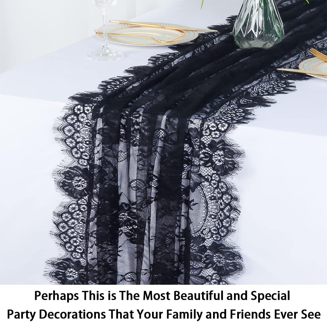 ShinyBeauty Black Lace Cloth Rectangle Table Runner - 30''x120'' Elegant Floral Lace Table Decoration