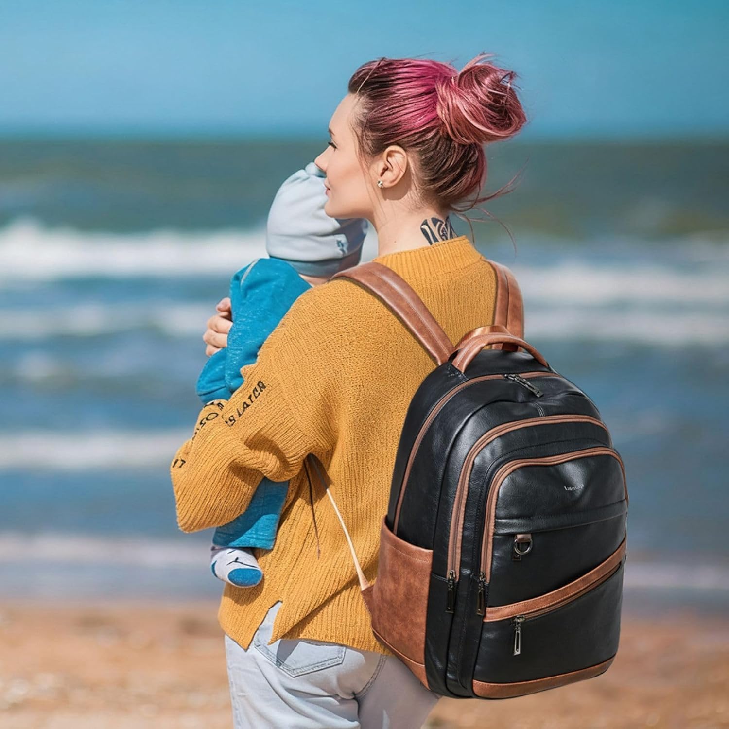 43L Backpack for Women Men - Vegan Leather Backpack Purse Travel Carry-on Bag College Bookbag Work fits 17" Laptop,Black&Brown - Image 2