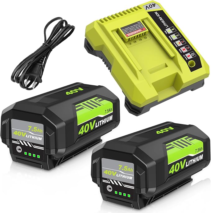 2Packs Replacement for Ryobi 40V Battery 7500mAh and OP401 Charger Kit Compatible with Ryobi 40V Lithium ion Battery OP4026 OP40261 OP4050 OP4040 OP40401 OP40201 OP40601 Cordless Power Tools(Green)