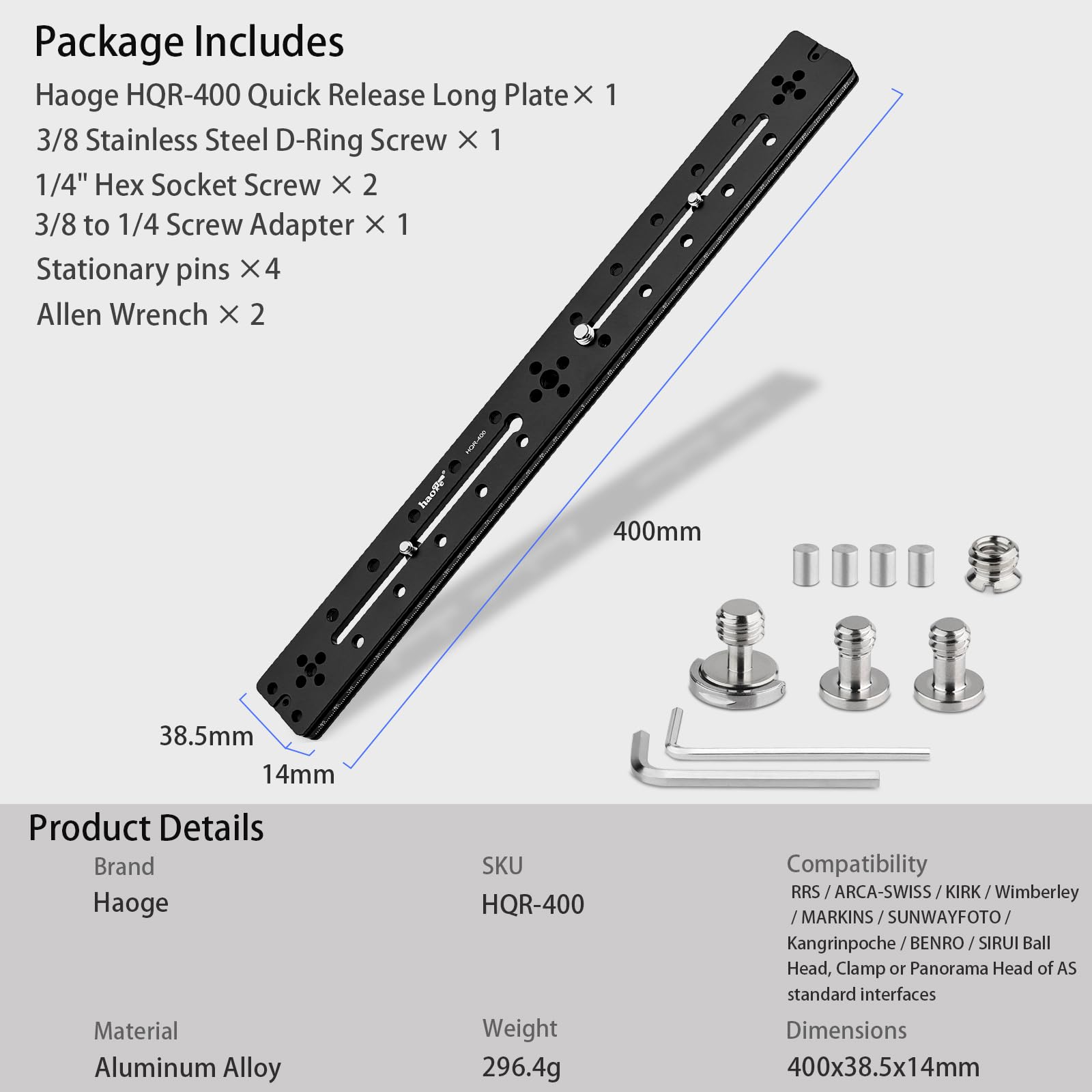 Haoge HQR-400 400 mm Piastra a sgancio rapido multiuso, prolunga, guida scorrevole per treppiede, morsetto a testa sferica, compatibile con Arca Swiss