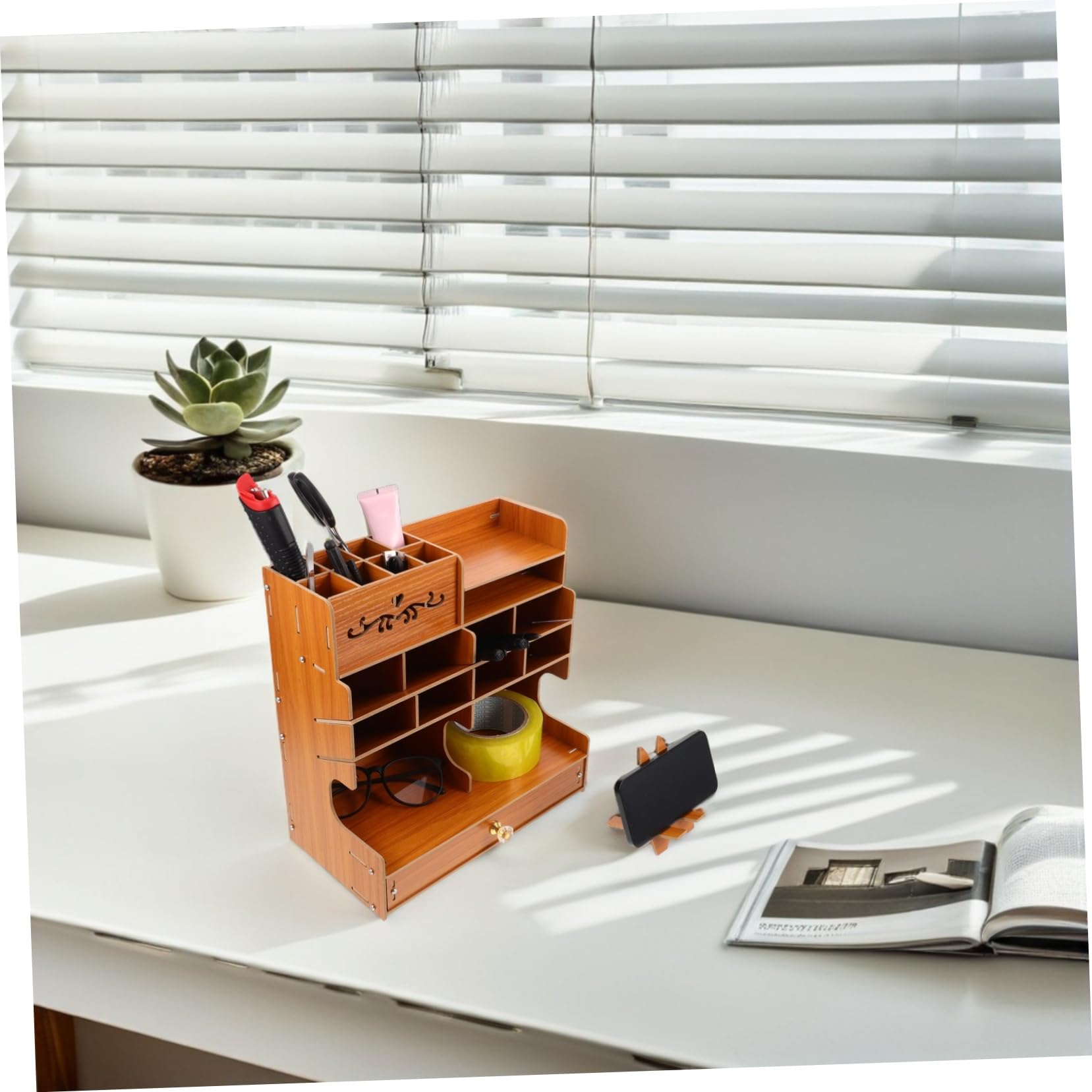 VILLCASE Portapenne in Legno con Scomparti Multipli per Scrivania Organizer da Ufficio per Penne Matite e Cancelleria Contenitore per Penne in Legno