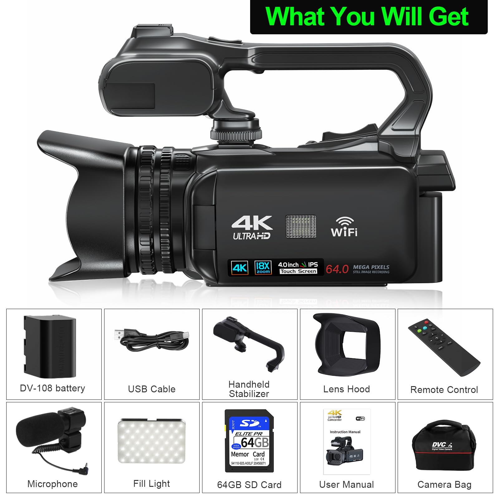 4K Camcorder Video Camera 64MP Vlogging Camera for YouTube 18X Digital Zoom 4.0 Inch Touch Screen Video Camcorder with WiFi, 4500mAh Battery, Microphone, Stabilizer, Remote Control, 64GB SD Card