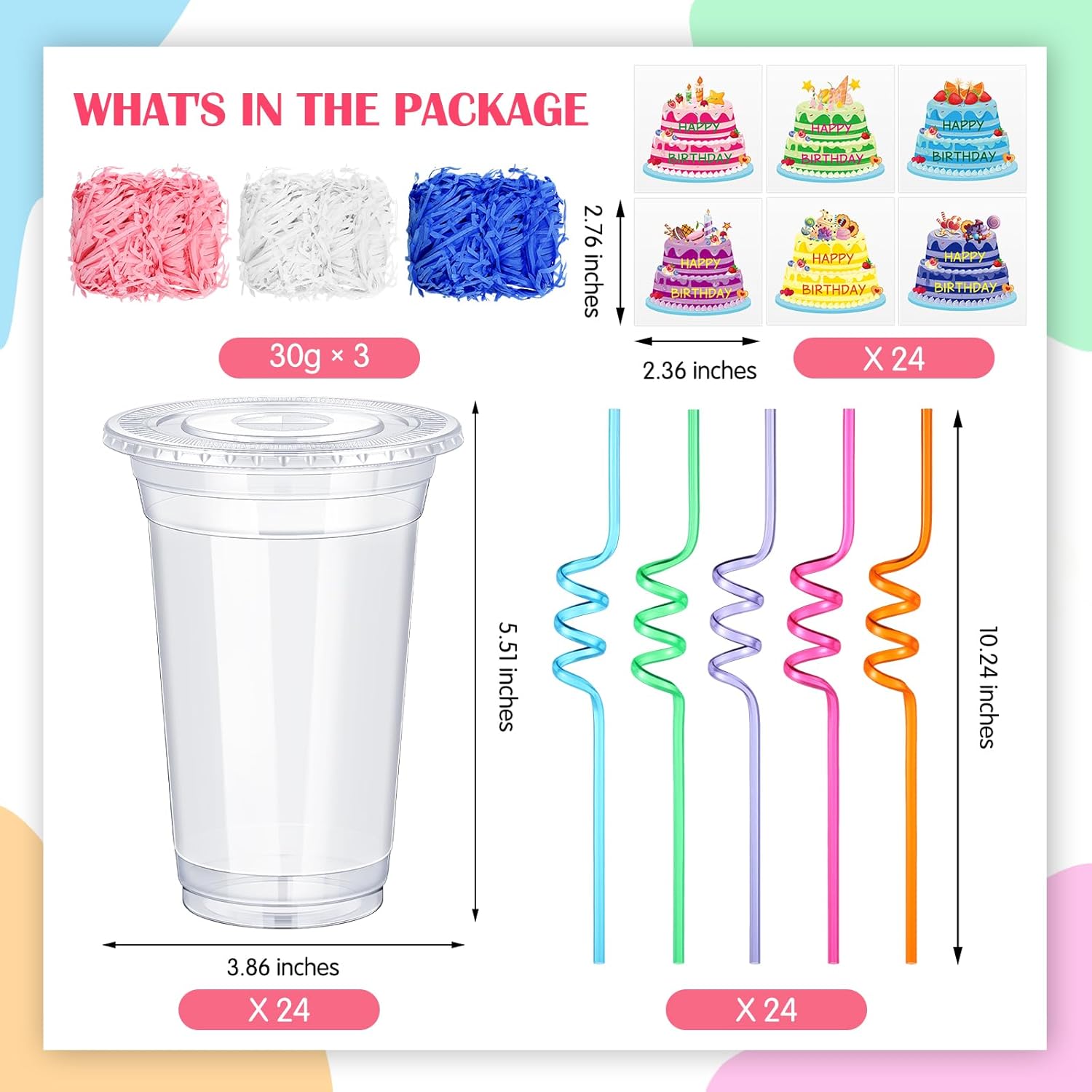 Qinyoung 24 Set Creative Happy Birthday Gifts from Teacher Students Birthday Cups with Lids Colorful Straws Stickers and Raffia Plastic Cups for Reward Kids Prize Classroom Party Supplies (Cute) - Image 2