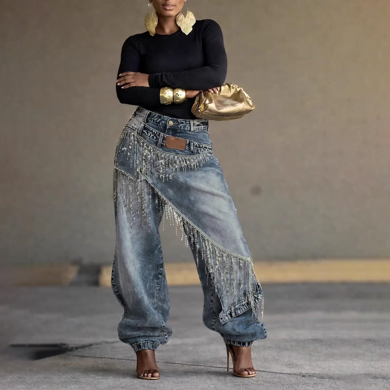 Pantalones de mezclilla con flecos para mujer, pantalones holgados para mujer, ropa de calle, club, fiesta, escenario, pantalones de moda, cómodos e informales para uso al aire libre, pantalones