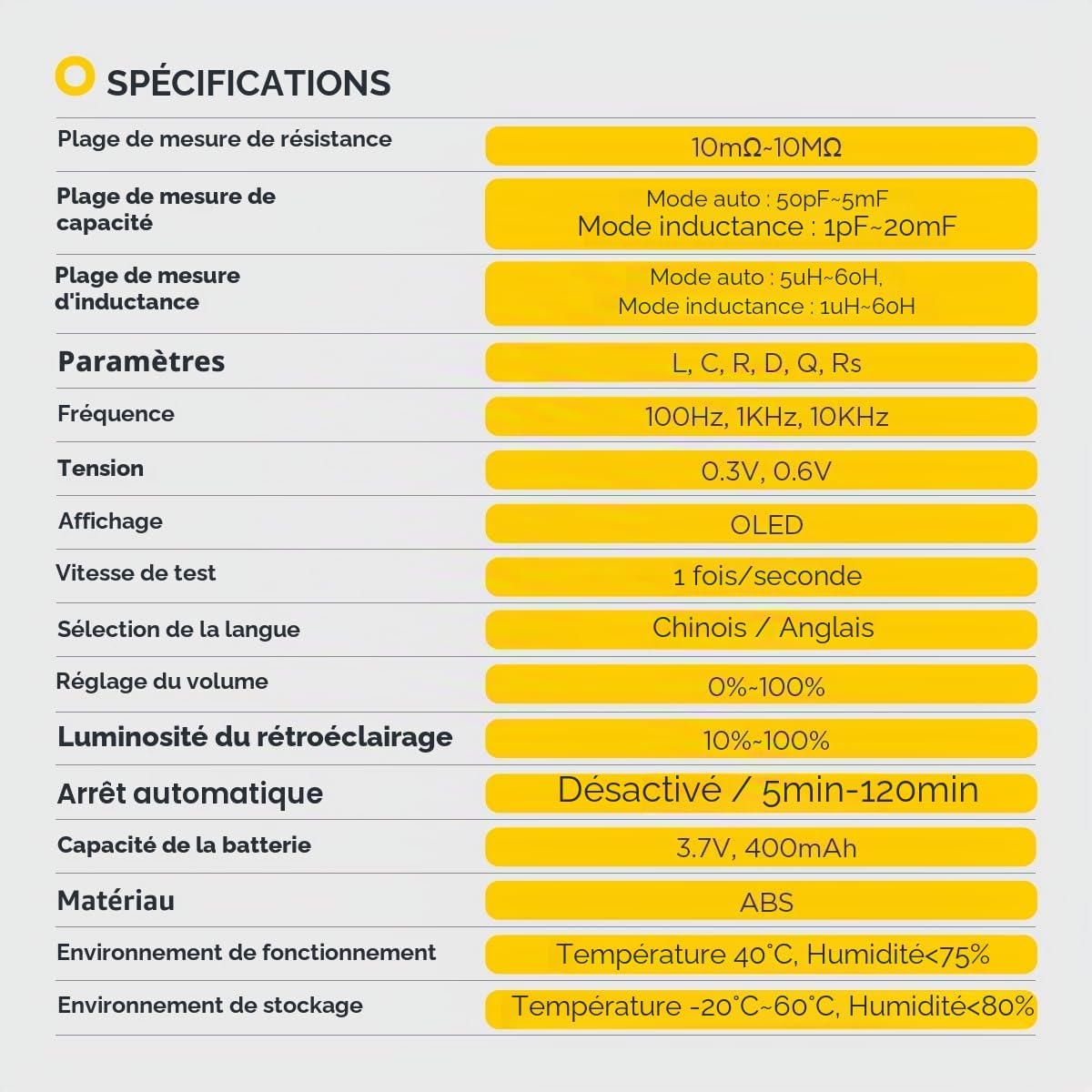 AUTOOL Pince multimètre numérique LCR, testeur CMS 6-en-1, écran OLED, rechargeable, mesure de résistance de 10 mΩ à 10 MΩ, de capacité de 1 pF à 20 mF et d'inductance de 1 µH à 60 H, pour automobile