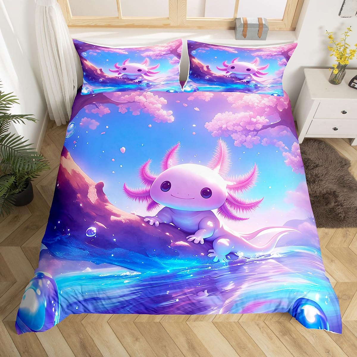 Homemissing Kids Cute Axolotl Bedding Set Single Size Cartoon Salamander Comforter Cover Set for Boys Girls Kawaii Ocean Sealife Duvet Cover Bedspread Cover Room Decor Quilt Cover,No Stuffing - Image 2