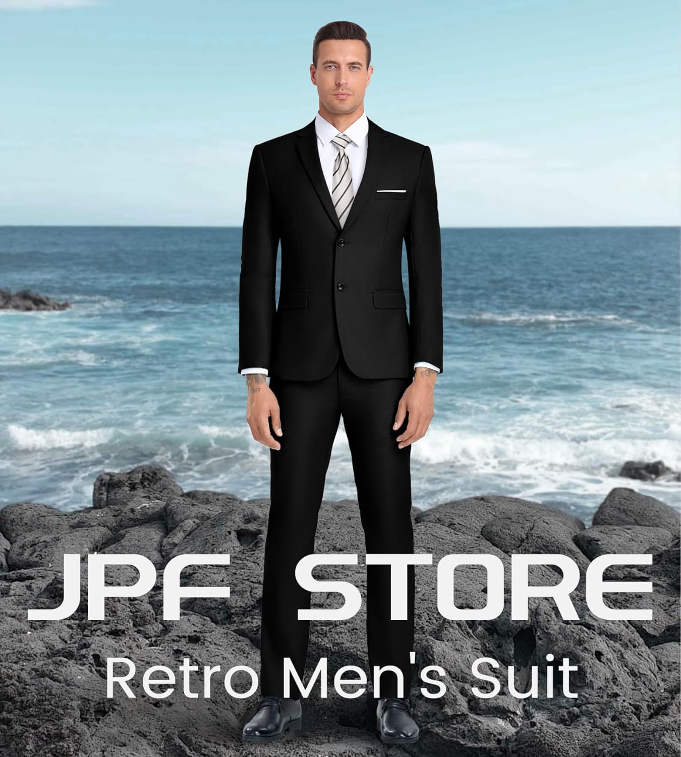 JPF Men's 2 Piece Slim Fit Suit Set, Two Button Solid Jacket Pants with Tie Suits for Men