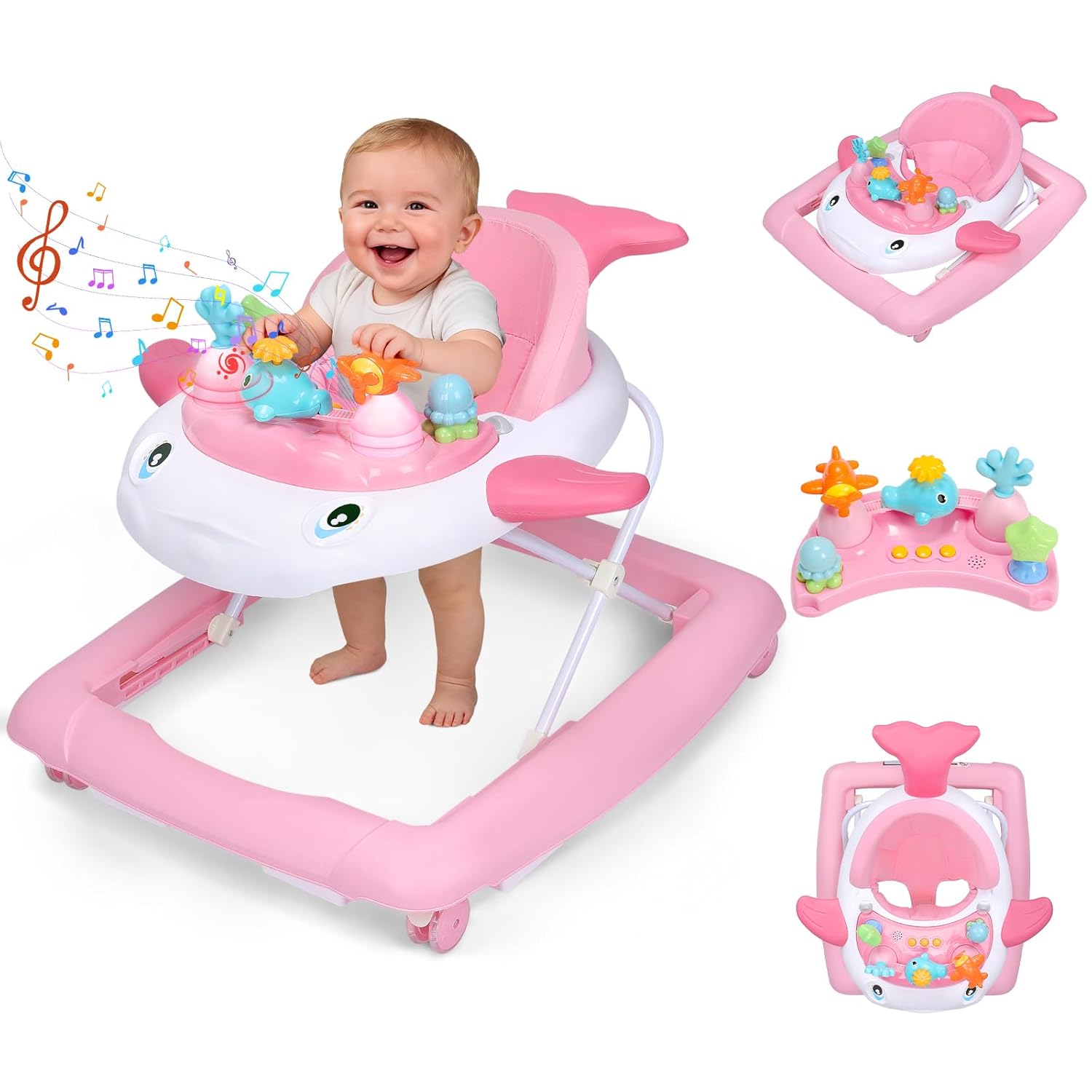 Baby Walker with Wheels, Music and Lights Foldable Baby Walker, 3 Adjustable Heights, Activity Walker for Baby Boy and Girl 6-18 Months, Pink