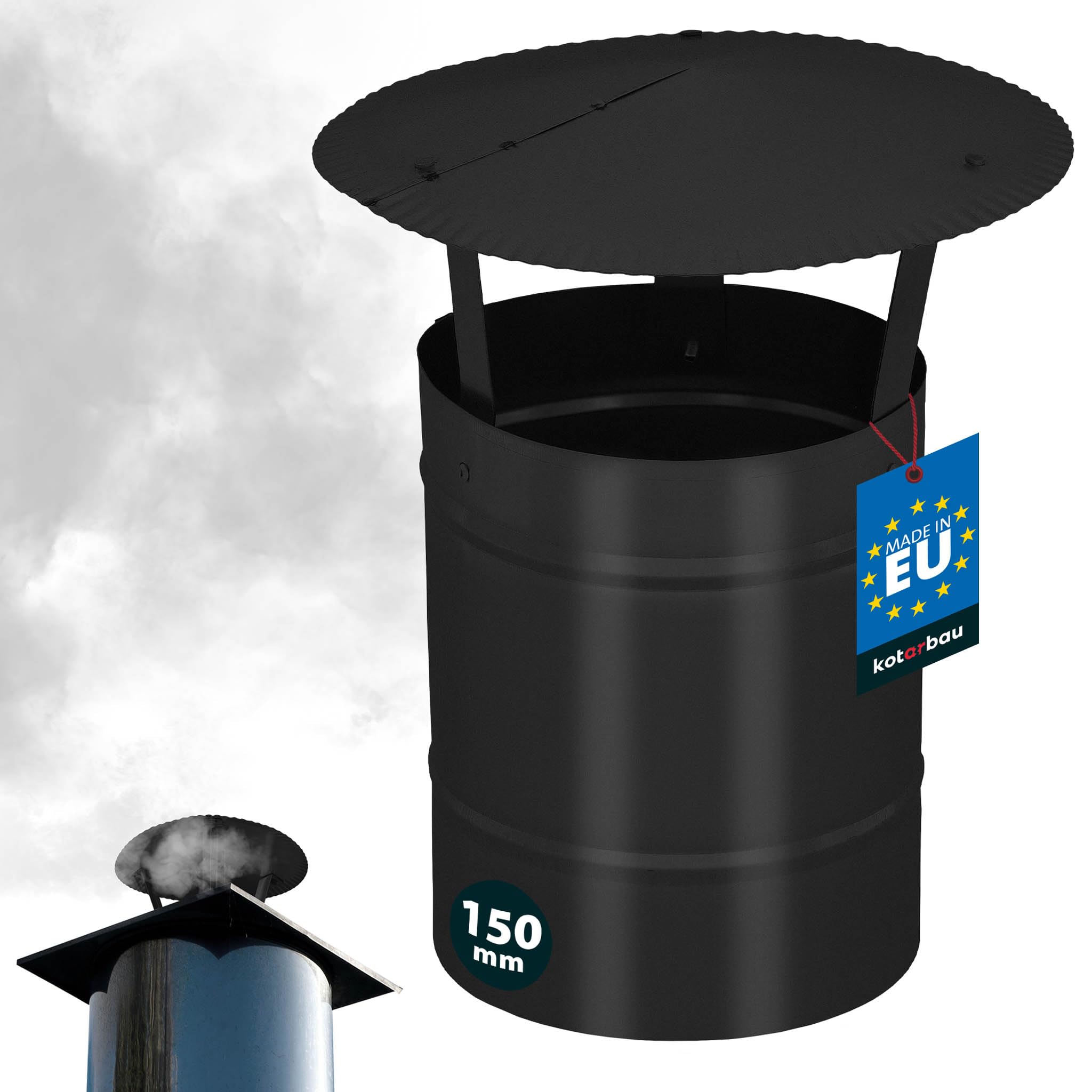 KOTARBAU® Chimney Cow - Chimney Cap - Galvanized and Powder-Coated Steel - ø 150 mm (5.91 in) - Black - Flue Rain Cap - Flue Cowl - Rust Resistant - Rain Hat