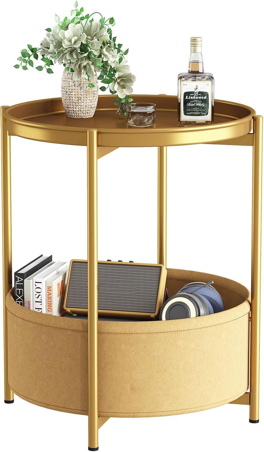 Beistelltisch Rund, Kleiner Tisch, Metall Balkontisch, Sofatisch 2 Ebenen, Couchtisch mit Korb aus Stoff, Nachttisch, Wohnzimmertisch, Beistelltische fürs Wohnzimmer Schlafzimmer Terrasse, Gold