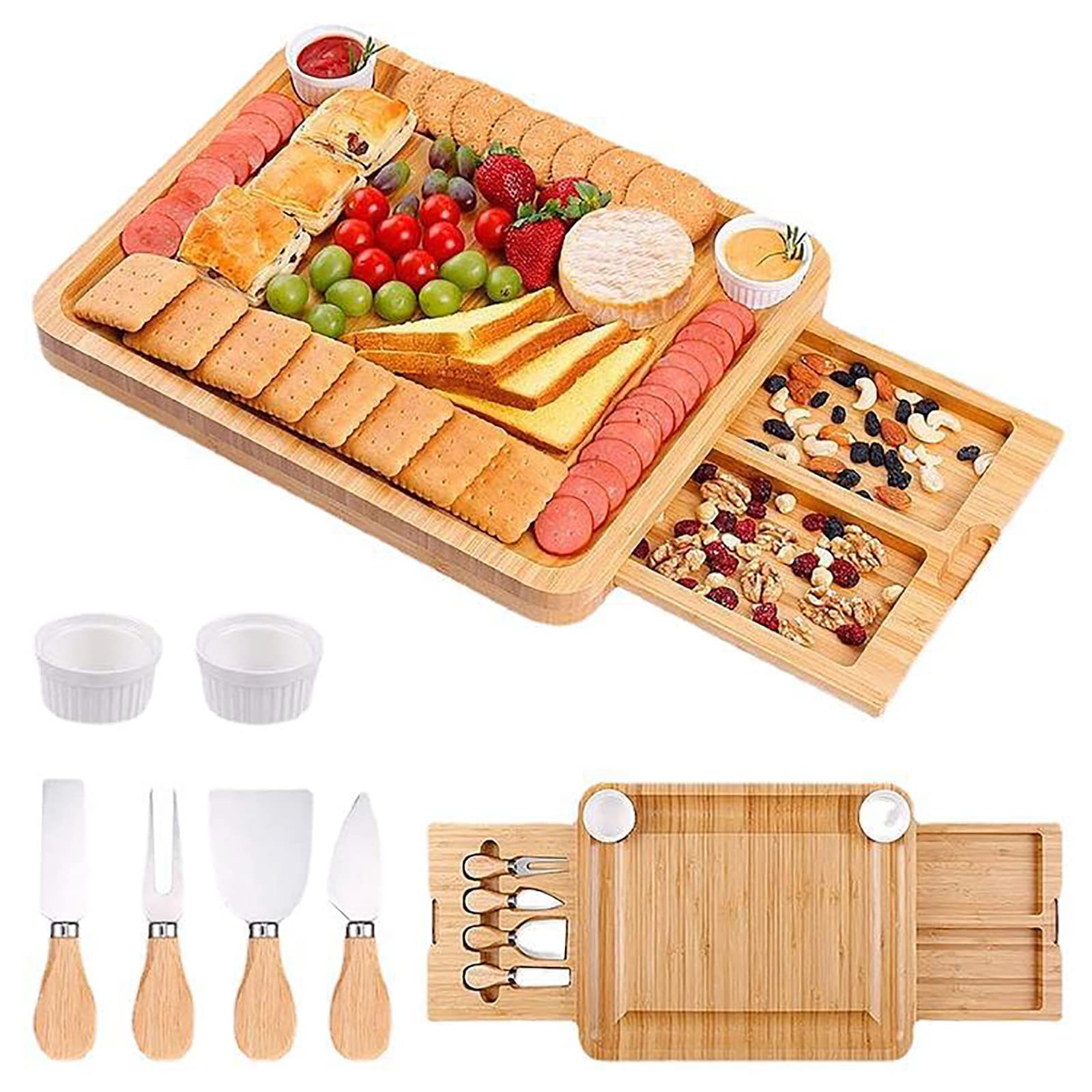 Plateau À Fromage Double En Bambou Unique, Coffret Cadeau Plateau À Fromage Avec 2 Compartiments Intégrés, Extrêmement Durable Et Sans Gâchis, Idéal Pour Les Anniversaires, Les Cadeaux De Mariage