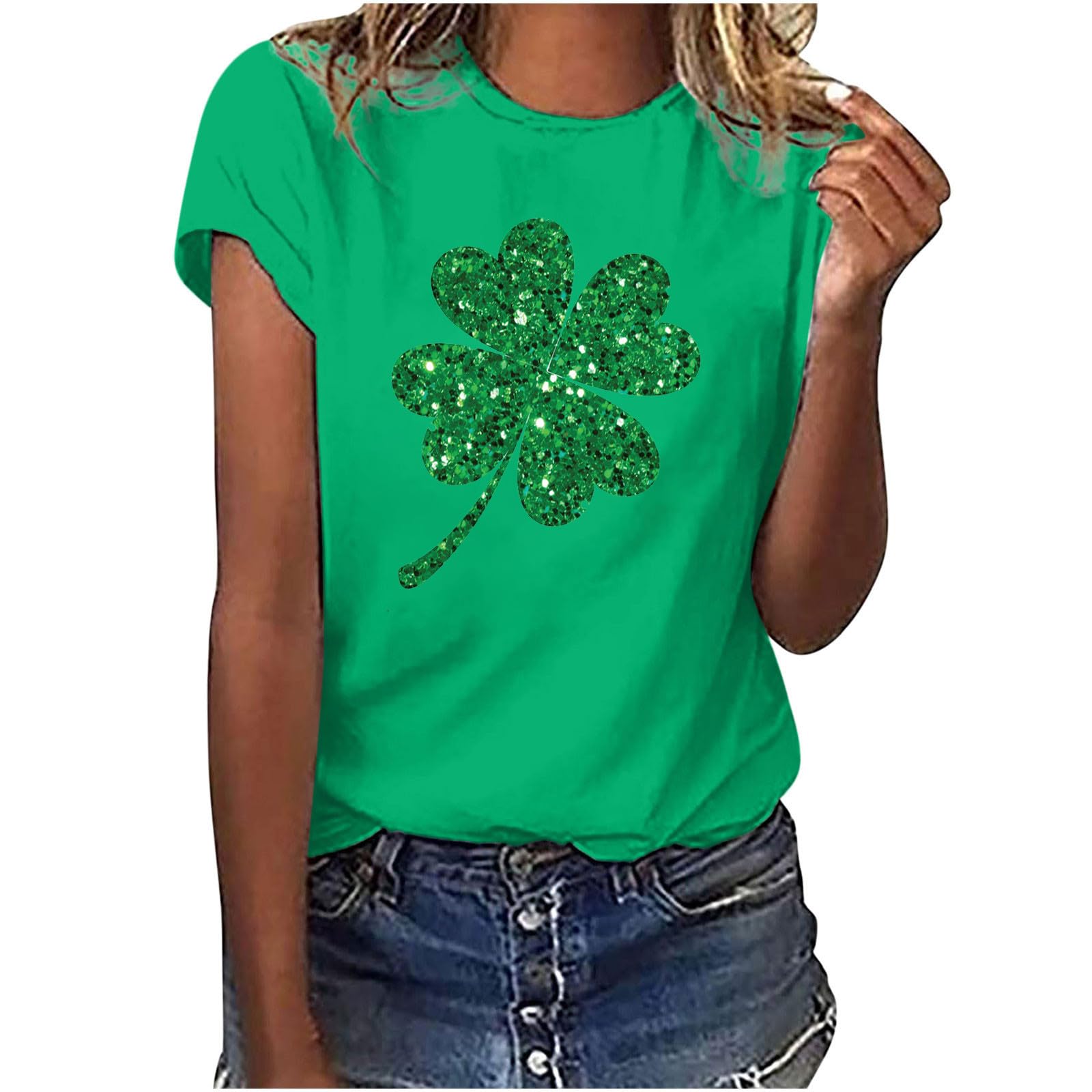 Women's St Patricks Day T-Shirt Ladies Shamrock Lucky Green Tee Short Sleeve T Shirts Ireland Clover Tops Funny Paddy's Day Blouse Sequins Shirts Casual Tshirt