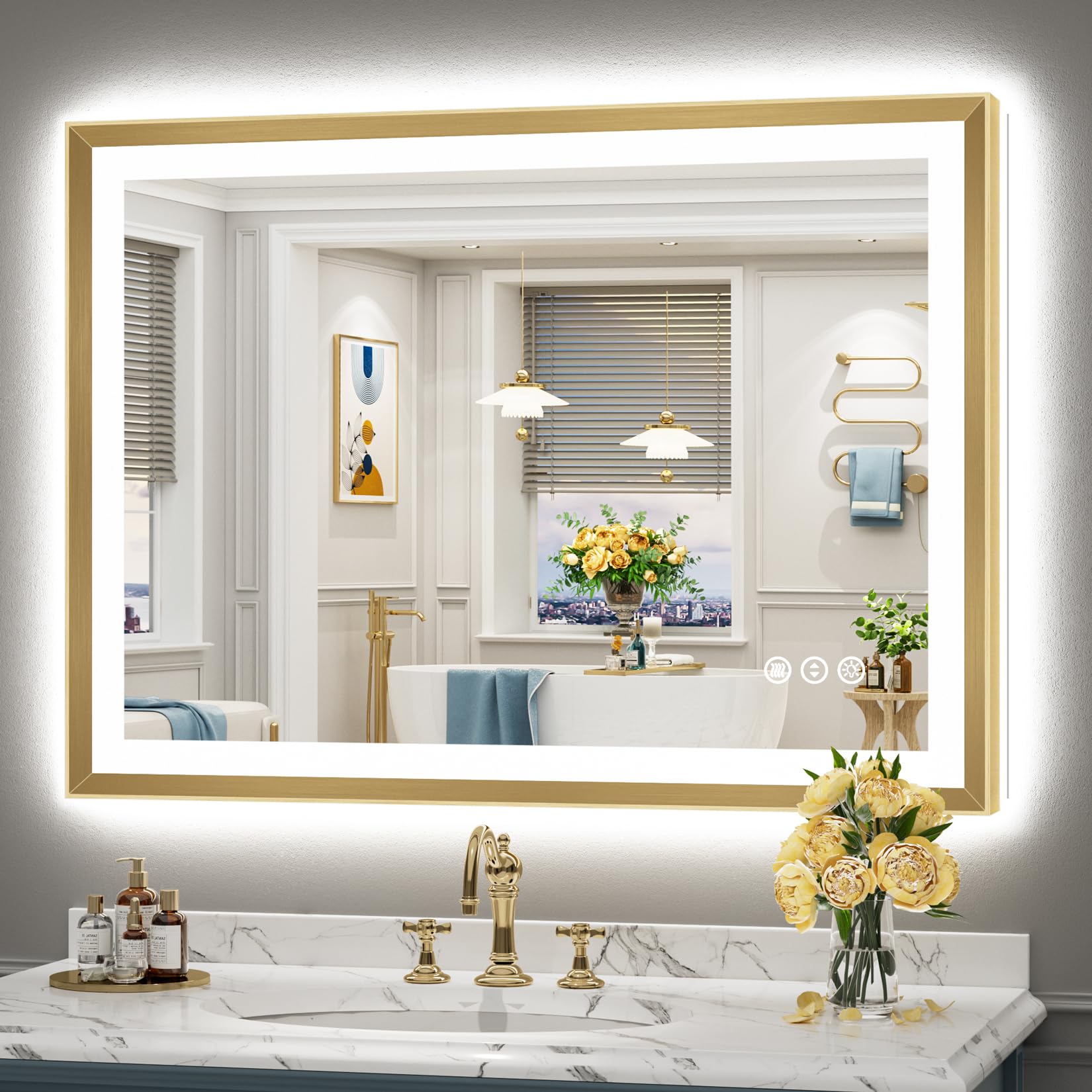 44x32 Gold Beveled LED Lighted Bathroom Mirror, Backlit &amp; Front Lit