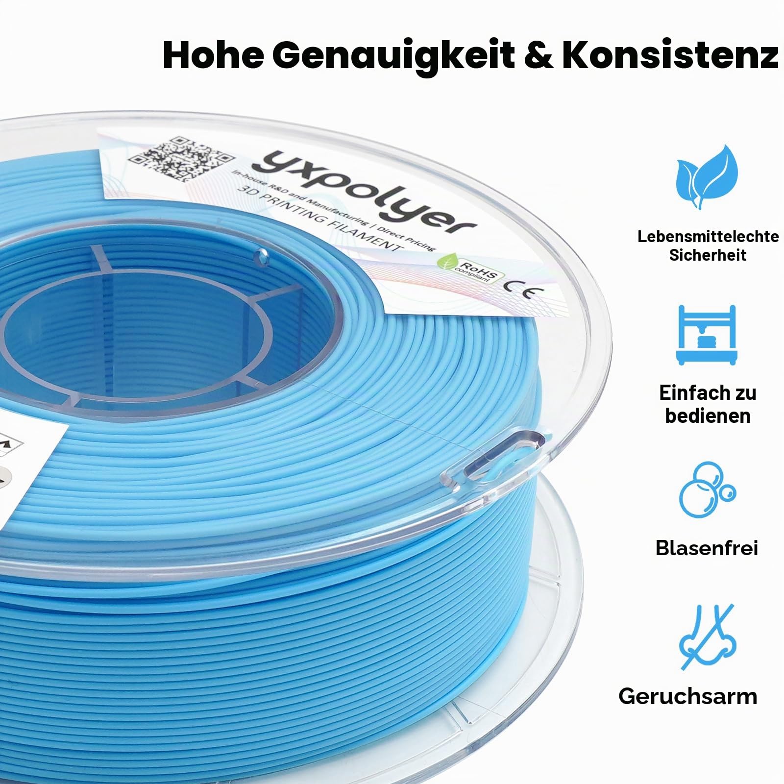 YXPOLYER PLA-Filament, PLA Plus, lebensmittelecht, 1 kg, Pastellblau, lebensmittelecht, AMS-kompatibel, 3D-Druck-Filament, geruchsfrei und sicher zu verwenden, für 3D-gedrucktes Spielzeug